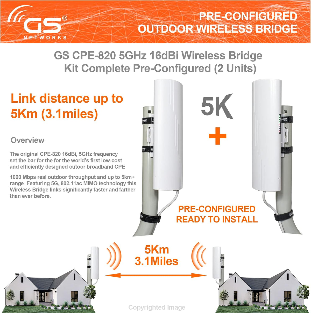 Wireless Bridge Point to Point Outdoor WiFi, Wireless Network Expansion Kit, Long Range High Speed 5G | 2 Units Bridge Kit Complete Pre-Configured - P2P 1000Mbps 5Km(2Pack)