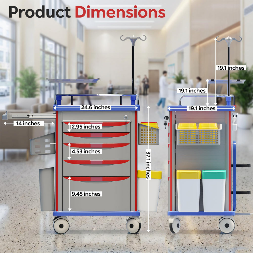 Medical Rolling Storage Crash Cart with Wheels, 5-Tier Medical Cart with Drawers, Adjustable IV Pole, Trash Bin & O2 Holder, Needle Disposal Holder, Silent Casters, Ideal for Hospitals (Grey)