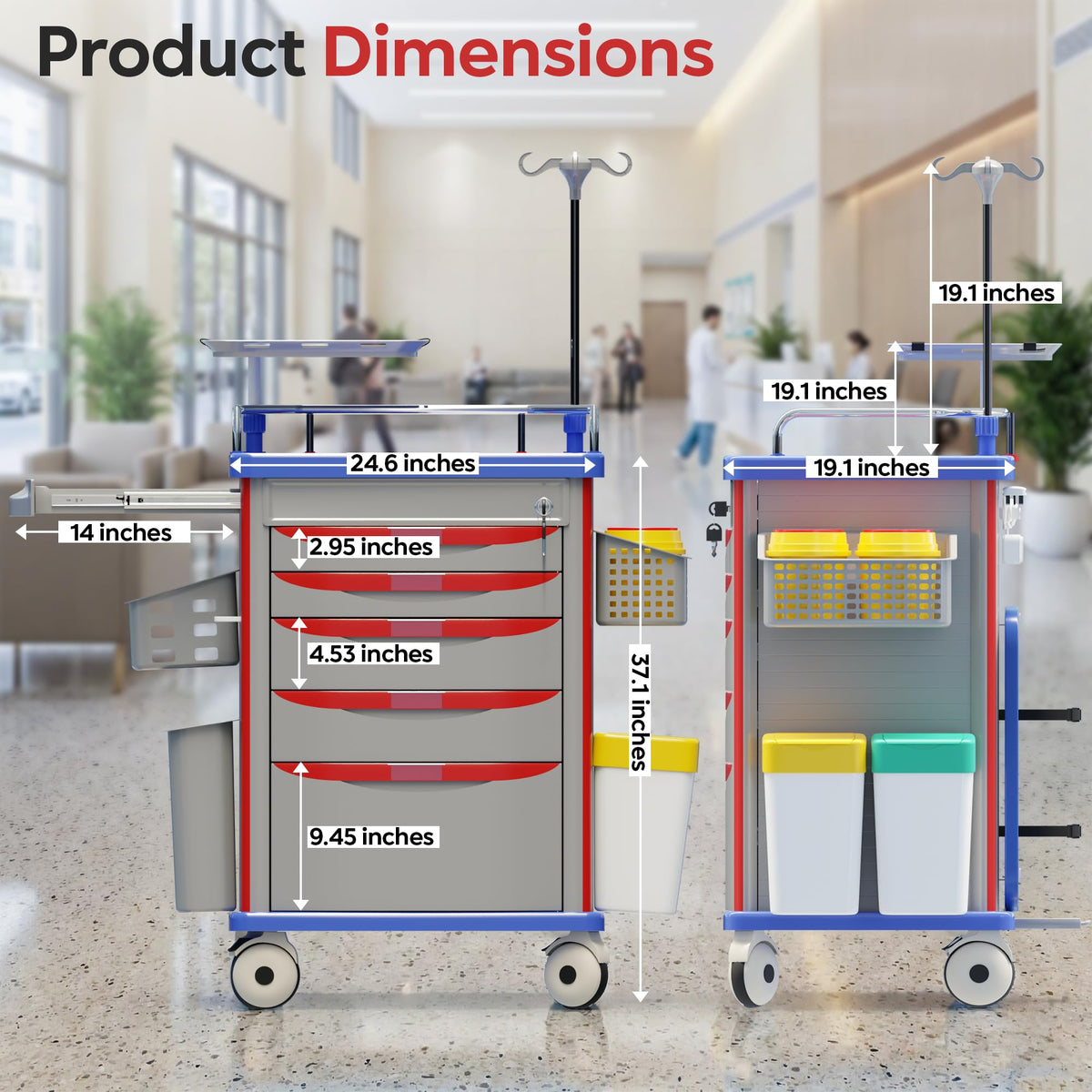 Medical Rolling Storage Crash Cart with Wheels, 5-Tier Medical Cart with Drawers, Adjustable IV Pole, Trash Bin & O2 Holder, Needle Disposal Holder, Silent Casters, Ideal for Hospitals (Grey)