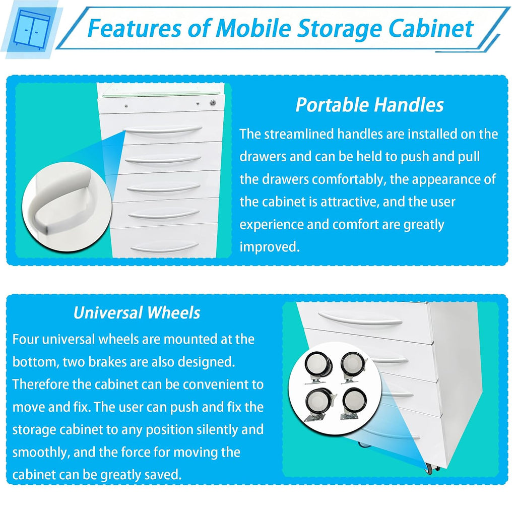 5-Drawer Mobile Storage Cabinet Stainless Steel Medical Storage Cart White Utility Trolley Cart with Glass Countertop, Lock, 2 Trays, Silent Gliding Rails for Home Clinic Hospital Office