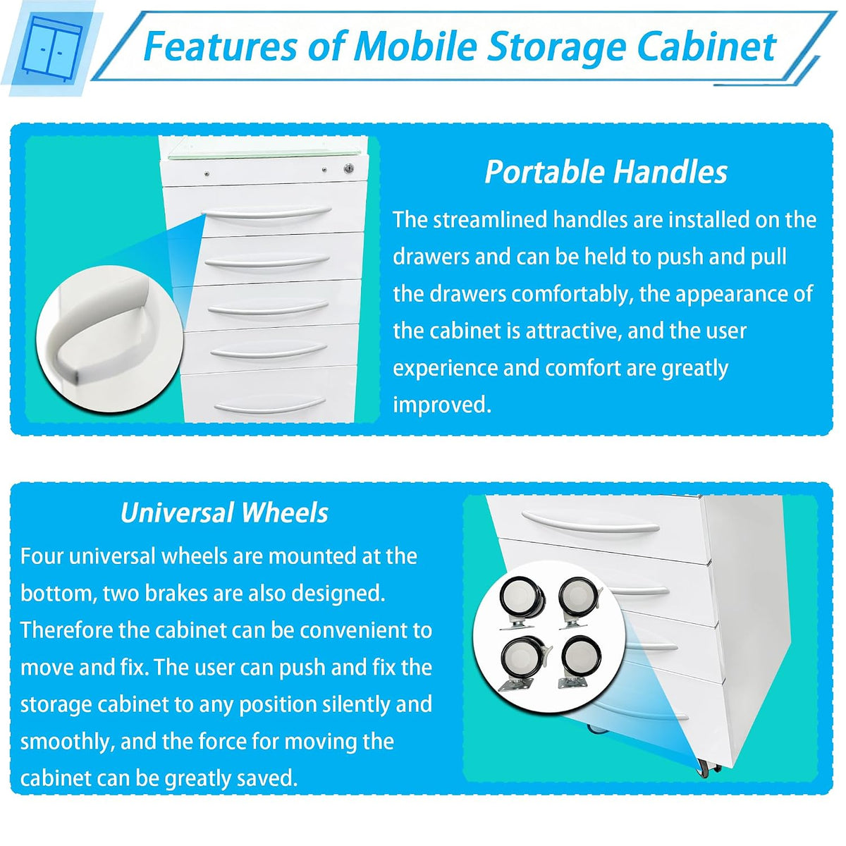 5-Drawer Mobile Storage Cabinet Stainless Steel Medical Storage Cart White Utility Trolley Cart with Glass Countertop, Lock, 2 Trays, Silent Gliding Rails for Home Clinic Hospital Office
