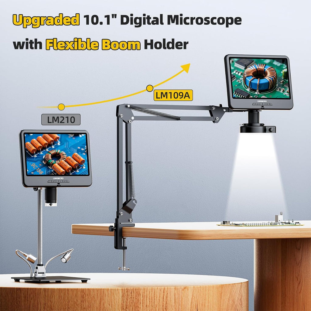 LM109A 10.1" Digital Microscope, Flexible Arm Stand with C-Clamp