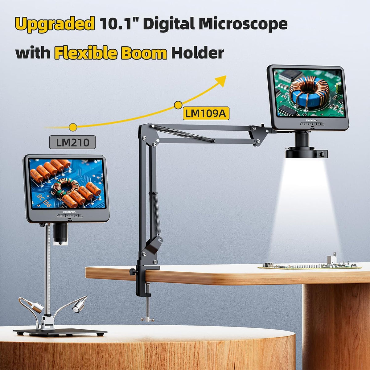 LM109A 10.1" Digital Microscope, Flexible Arm Stand with C-Clamp
