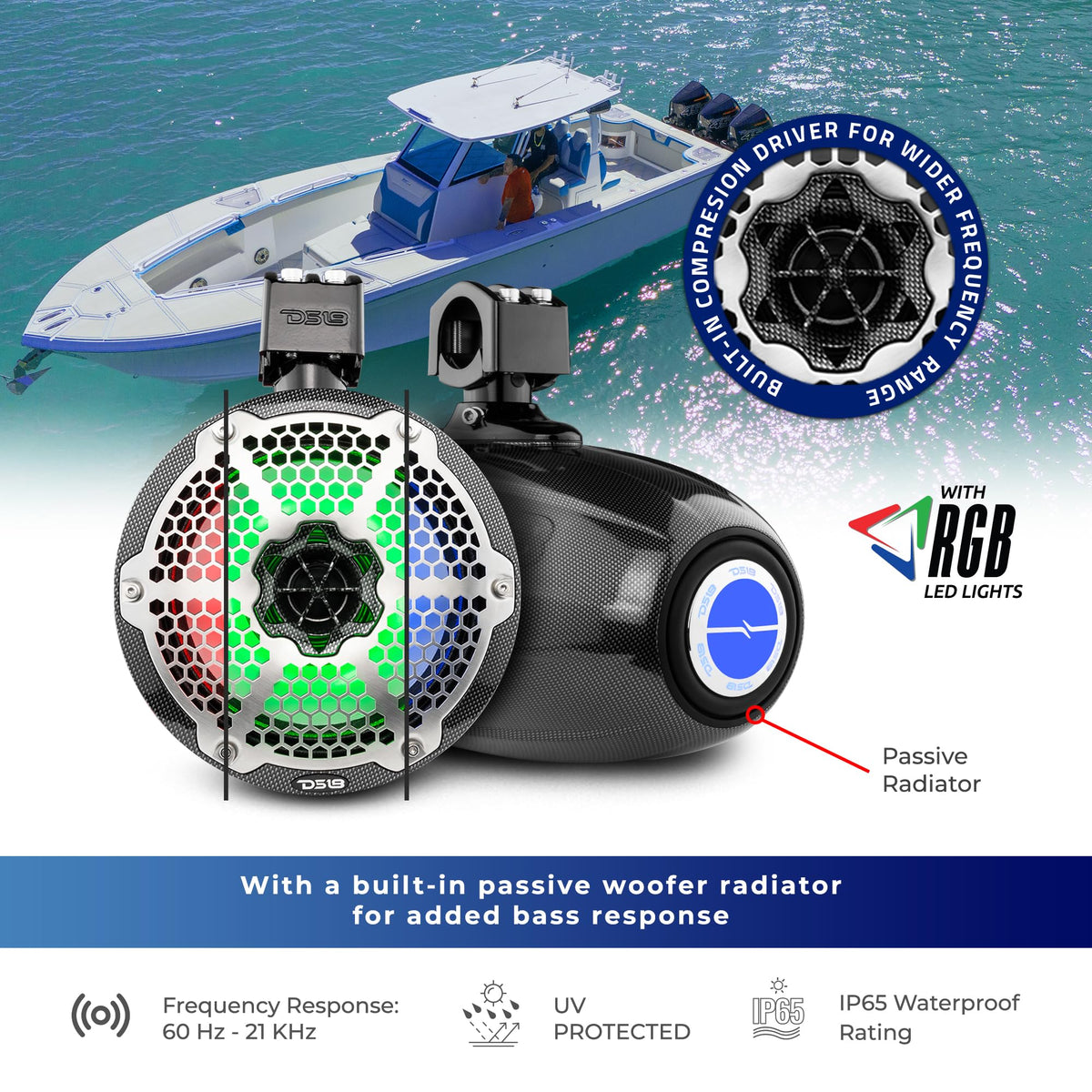 DS18 CF-X10TPNEO 10" Neodymium Marine Wakeboard Tower Speakers with Bullet Tweeter, Passive Radiator and RGB LED Lights - High Performance, Marine Grade IP65 Rated, 900W Max 300W RMS 4 Ohms (Pair)