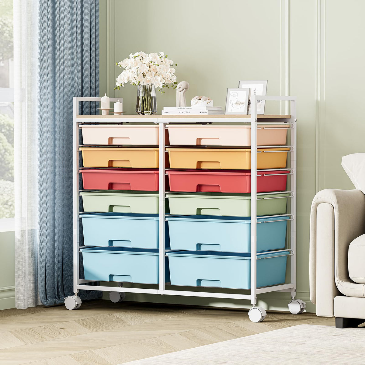 TOOLF 12 Drawers Rolling Storage Cart with Wooden Top for Classroom,White