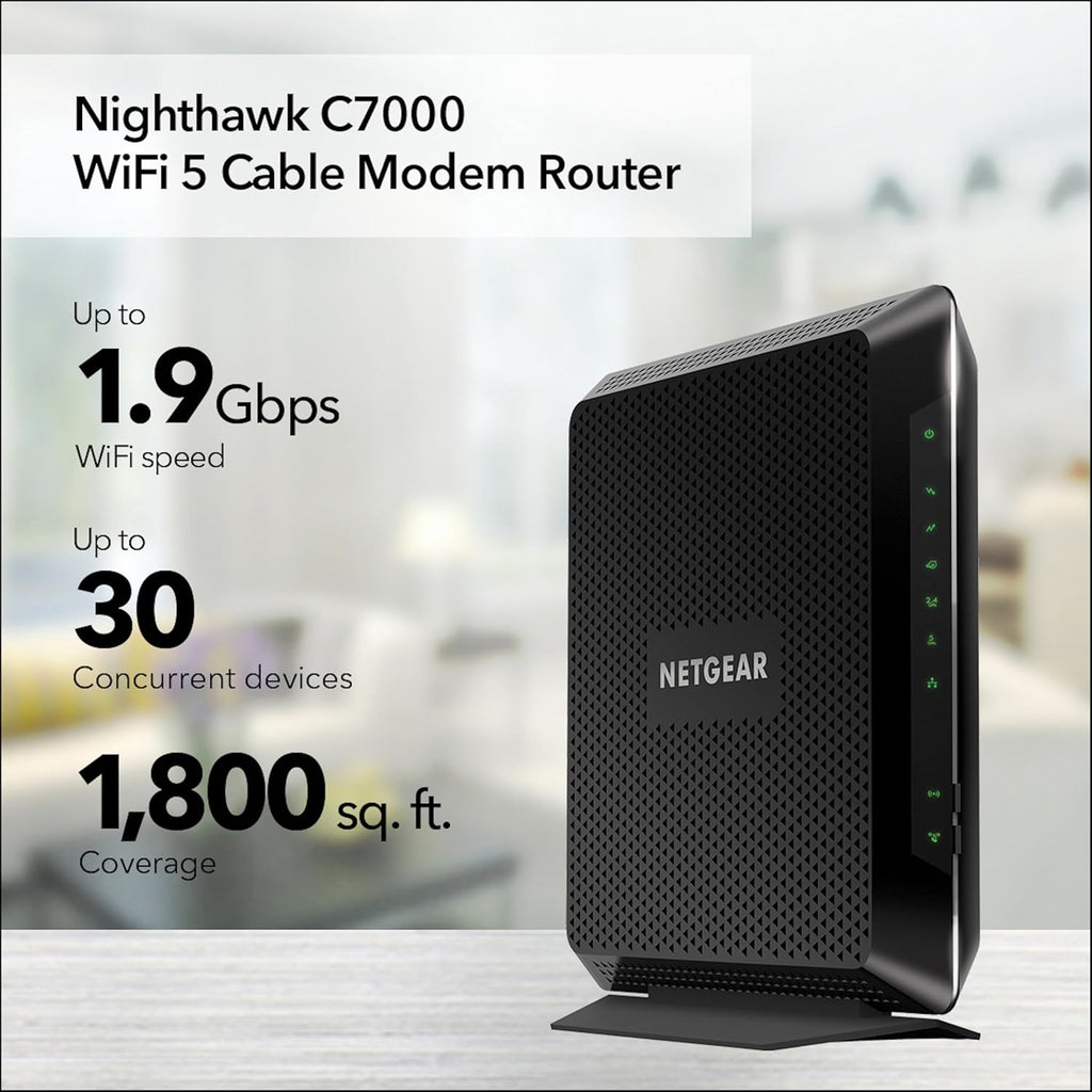 NETGEAR Nighthawk Cable Modem and WiFi 5 Router Combo (C7000) - Compatible with Major Cable Providers incl. Xfinity & Cox - Cable Plans up to 800Mbps - AC1900 (Up to 1.9Gbps) - DOCSIS 3.0
