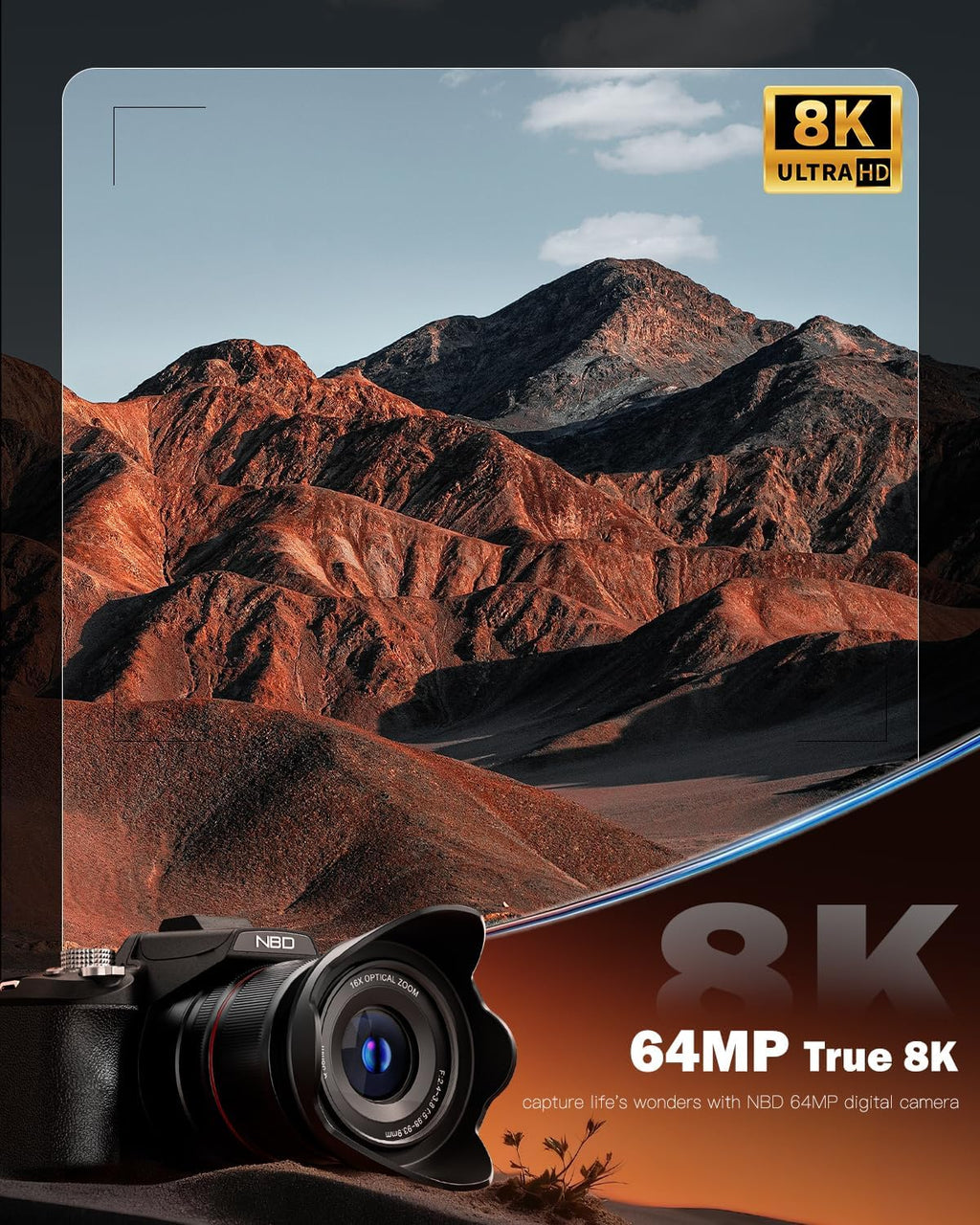 NBD 8K Digital Cameras for Photography,64MP Vlogging Cameras for YouTube,16X Optical Zoom Travel Point and Shoot Digital Cameras Fotograficas with 180Â°Flip Screen,2 Batteries,64GB Card (Black)