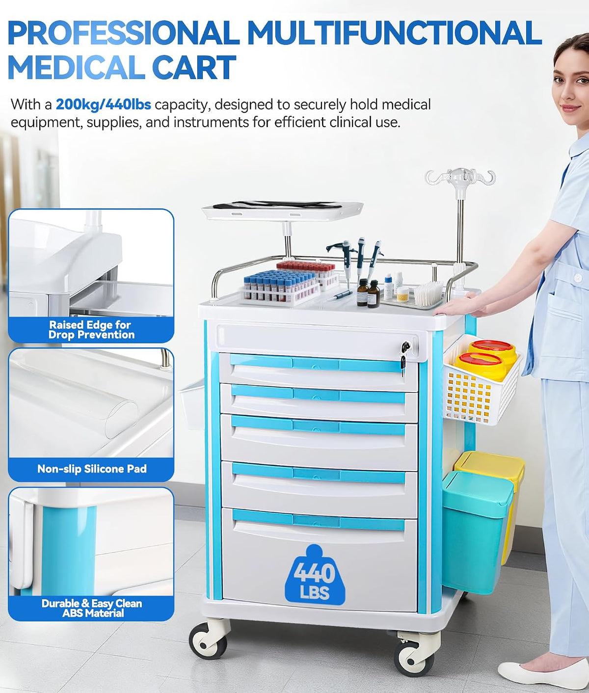 Medical Rolling Crash Cart with 5 Drawers, Emergency Cart with Power Strip, Central Lock, IV Pole, O2 Holder, Defibrillator Shelf, CPR Board for Hospital Clinic