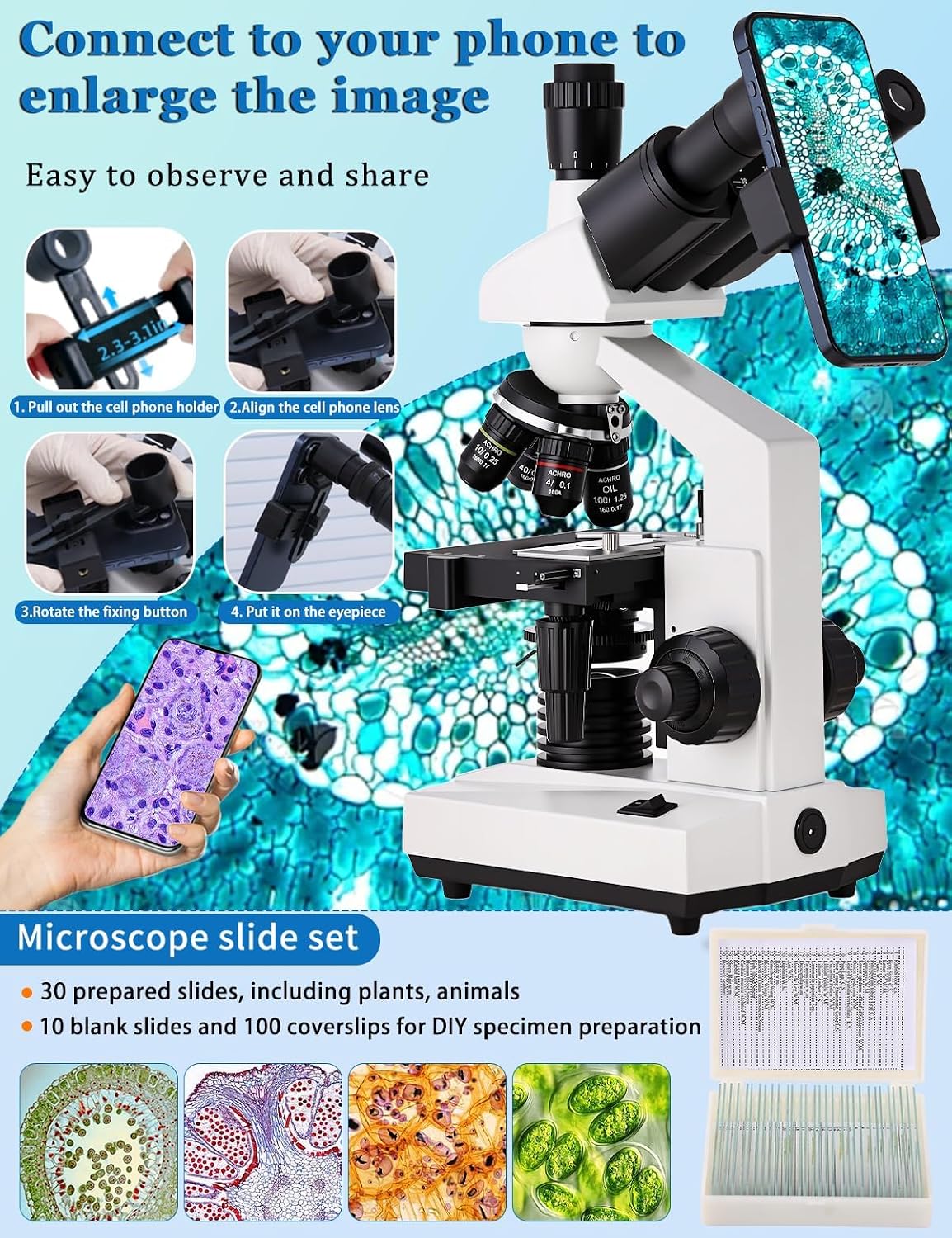 Microscope for Adult,with7'' HD Display,WF10&25X Eyepieces,40-5000X Magnification,Dual Mechanical Stages and Abbe Condenser,Includes 40 PCS Specimens,Suitable for Labs & Schools