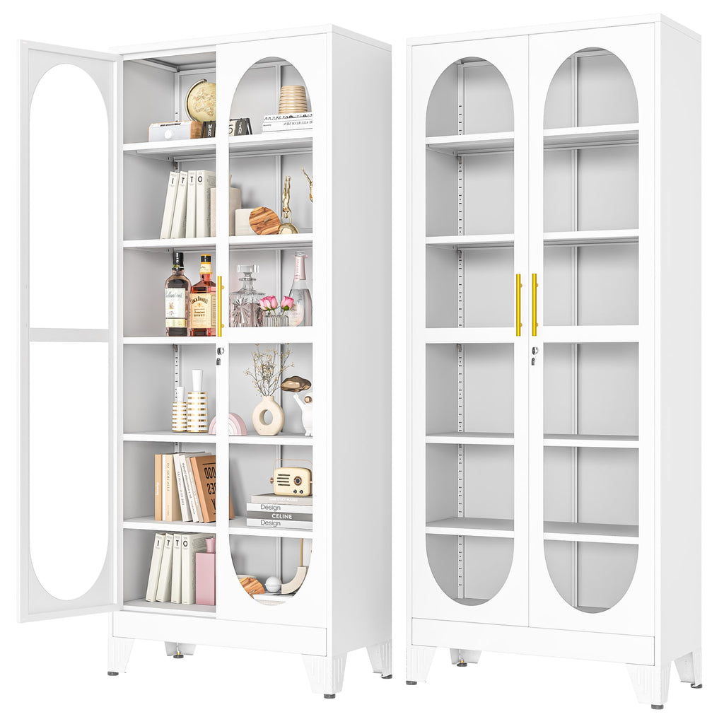 PAOFIN 47" H Locking Display Cabinet with Glass Door, Metal Cabinets with 3 Adjustable Shelves, Cabinet Display Case for Living Room, Collectibles, Clinic, Home - Assembly Required White