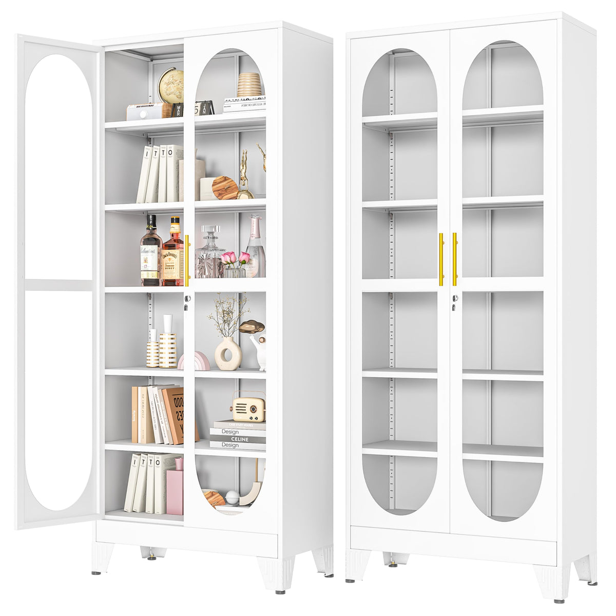 PAOFIN 47" H Locking Display Cabinet with Glass Door, Metal Cabinets with 3 Adjustable Shelves, Cabinet Display Case for Living Room, Collectibles, Clinic, Home - Assembly Required White
