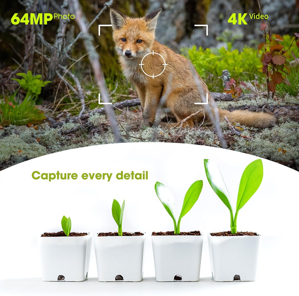 Trail Camera 2 Pack 4K 64MP Solar Game Camera with 5000mAh Forever Power, 64GB Memory Card and Ip67 Waterproof Angle Night Vision for Wildlife Deer Outdoor Trail Cam, Monitoring Trail Cameras