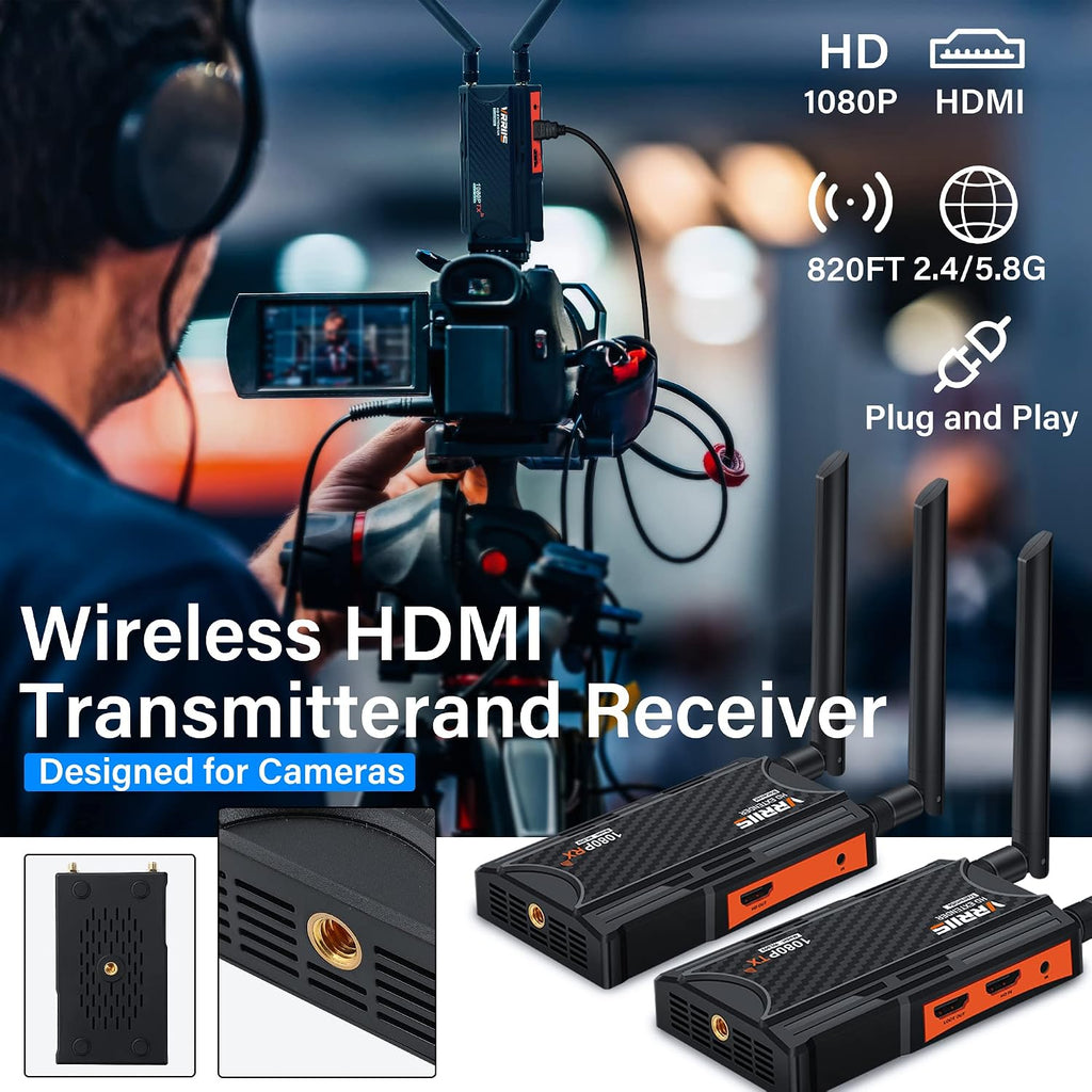 Wireless HDMI Transmitter and Receiver,250m(820ft) Wireless HDMI Extender Kit with Loop Out,2.4/5.8GHz 1080P Full HD for Streaming from DSLR,Laptop,TV Box,PS4 to TV/Projector IR Support.