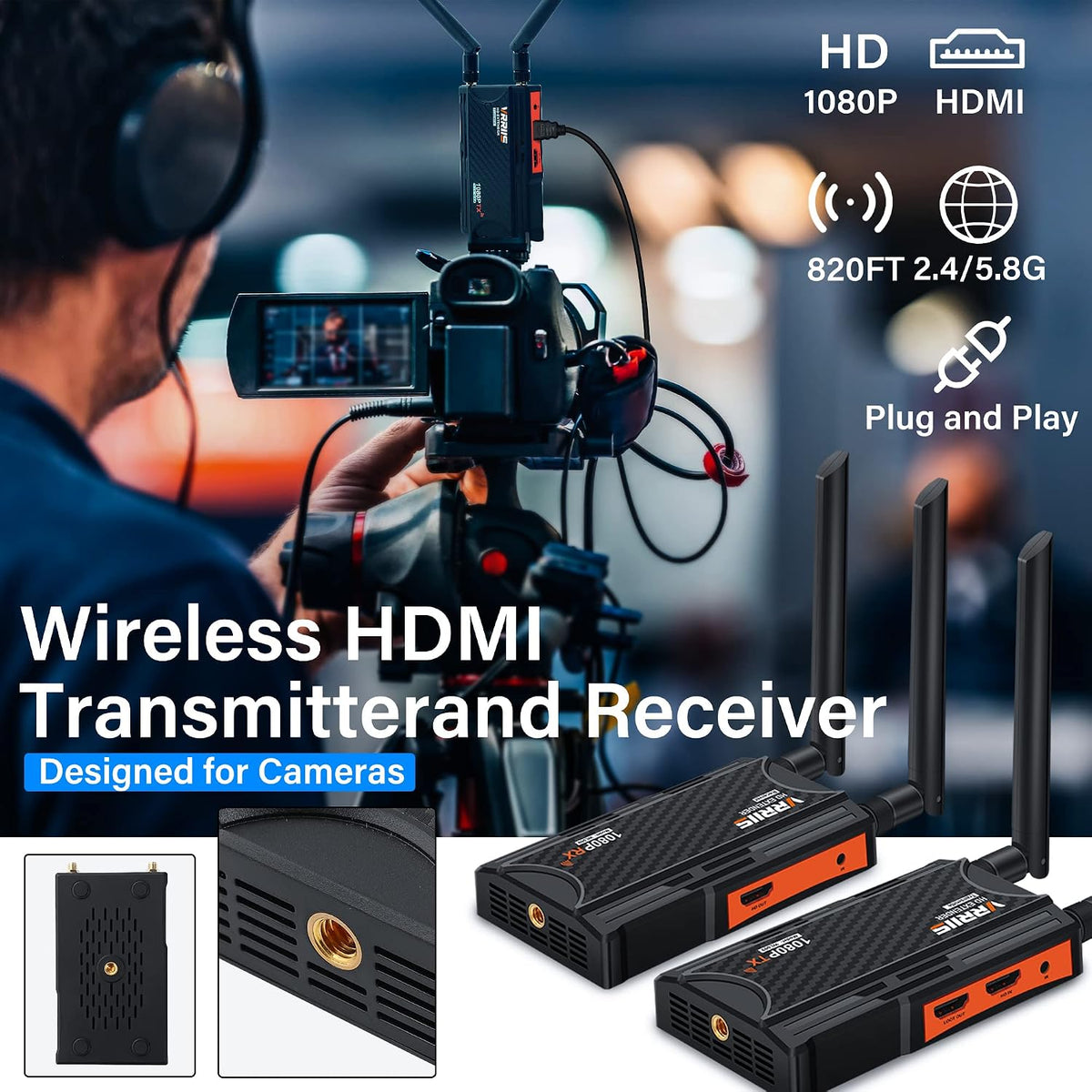 Wireless HDMI Transmitter and Receiver,250m(820ft) Wireless HDMI Extender Kit with Loop Out,2.4/5.8GHz 1080P Full HD for Streaming from DSLR,Laptop,TV Box,PS4 to TV/Projector IR Support.