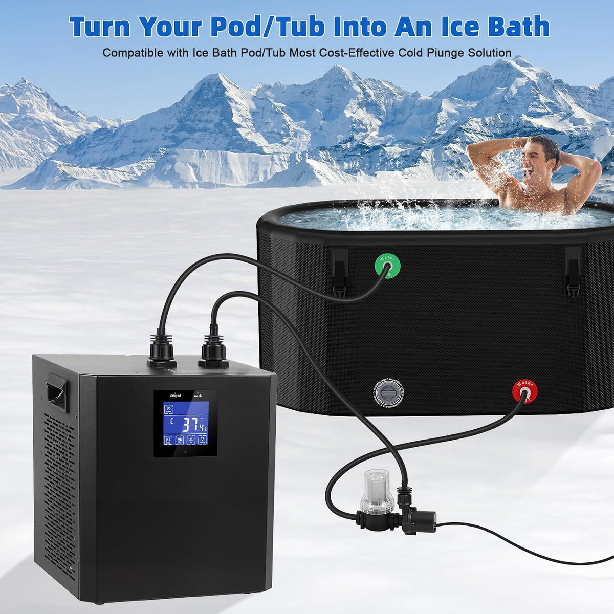 1/3 HP Ice Bath Chiller for Cold Plunge Tub, 300L Water Chiller System with LED Display, Pump, Remote Control, Hoses and Connectors for Home Bathtubs and Freshwater Aquariums (Black)