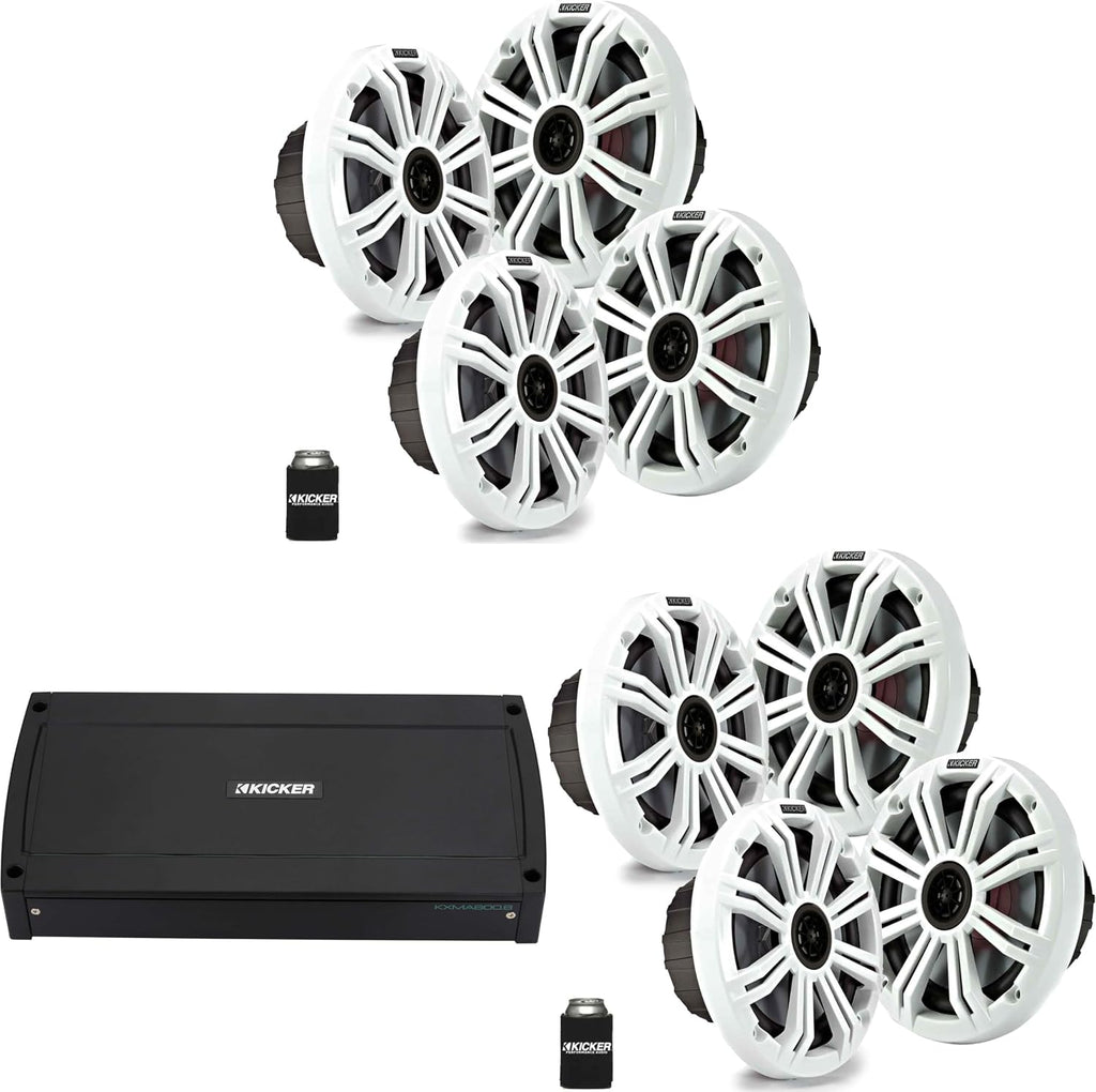 KICKER Marine Audio Bundle â (8) 6.5" White 4-Ohm Coaxial Speakers (4 Pair) with 48KXMA800.8 800W 8-Channel Amplifier â OEM Replacement Boat System