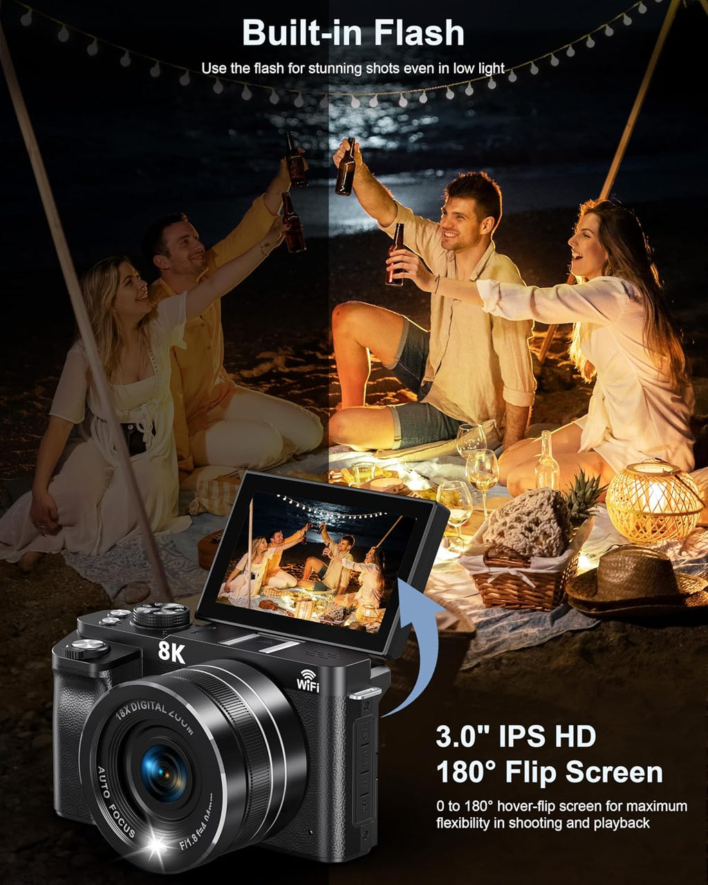 8K Digital Camera, 88MP WiFi Cameras for Photography, 3" 180Â° Flip Screen