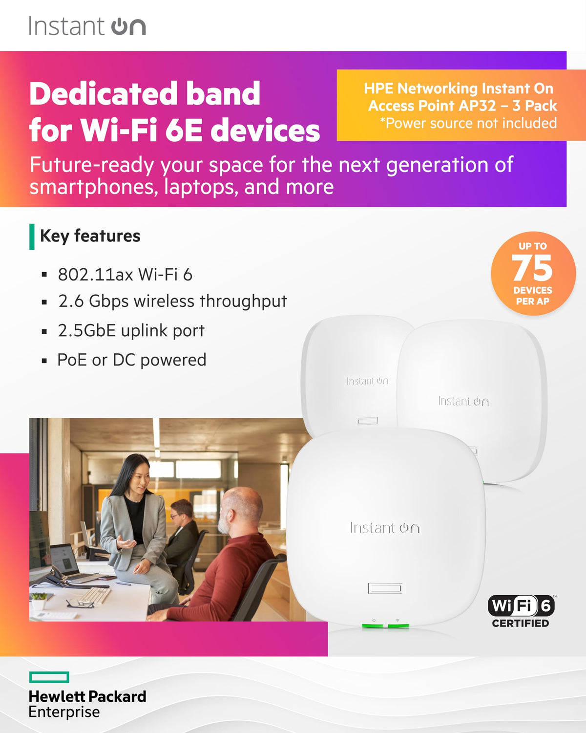 HPE Networking Instant On Access Point AP32 2x2 WiFi 6E Indoor Wireless Access Point | Secure, Tri-Band, Future Ready | Power Source Not Included | US Model (S1T22A)