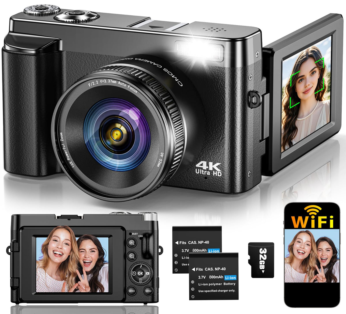 4K Digital Camera for Photography Autofocus, 64MP WiFi Vlogging Camera