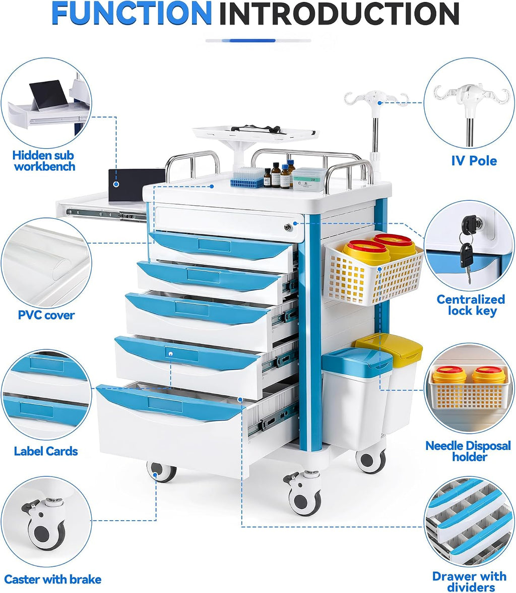 Medical Crash Cart Rolling Emergency with 5 Drawers & Wheels, Mobile Nursing Cart Featuring Power Strip, Hospital Ultrasound cart with IV Pole, Needle Disposal, O2 Holder for Hospital & Clinic