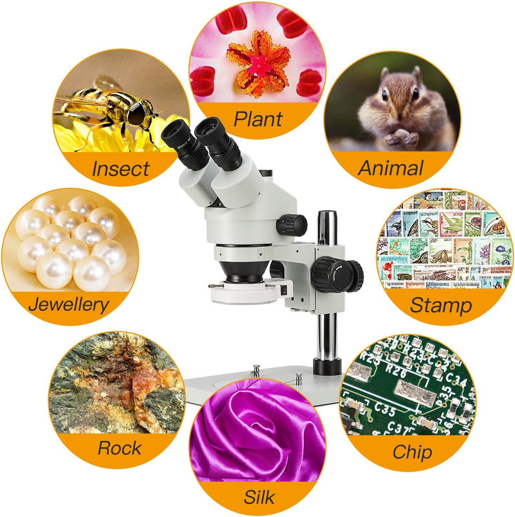 SWIFT Trinocular Stereo Zoom Microscope with 56-Bulb LED Ring Light,3.5X-90X Magnification,WF10X Eyepieces,0.7X-4.5X Zoom Objective, 0.5X 2.0X Additional Objectives,Table Pillar Stand