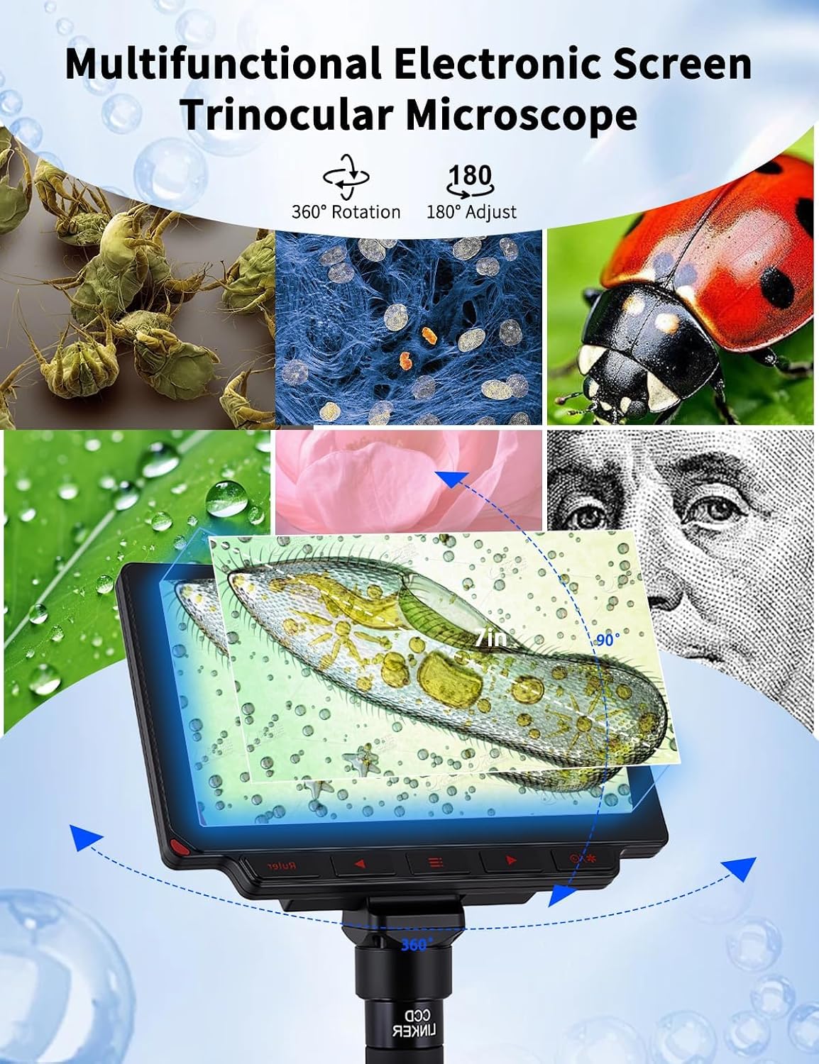 Microscope for Adult,with7'' HD Display,WF10&25X Eyepieces,40-5000X Magnification,Dual Mechanical Stages and Abbe Condenser,Includes 40 PCS Specimens,Suitable for Labs & Schools