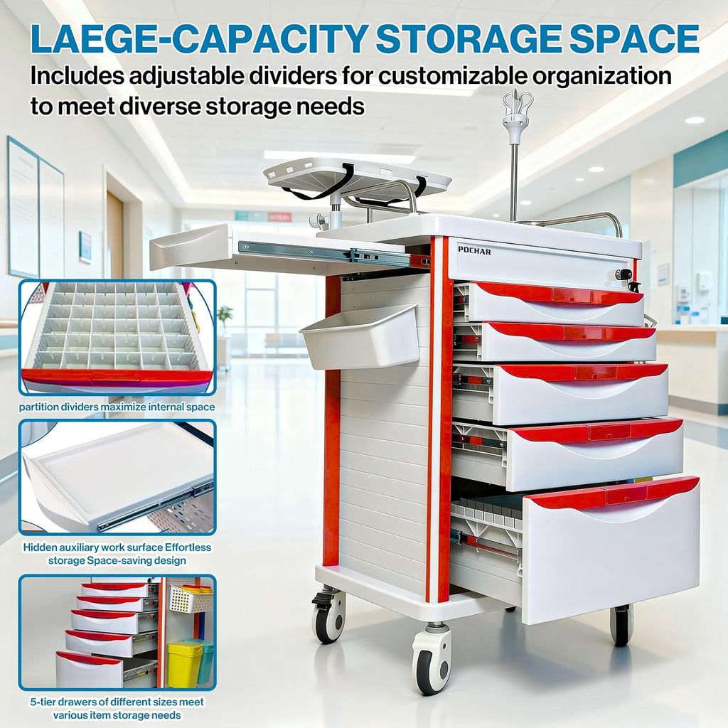 Pochar Medical Crash Cart with Emergency Accessory - Cardiac Board, IV Pole, O2 Holder, Power Strip, Trash Bin, Drawers with Dividers - Mobile Emergency Cart for Hospitals and Clinics