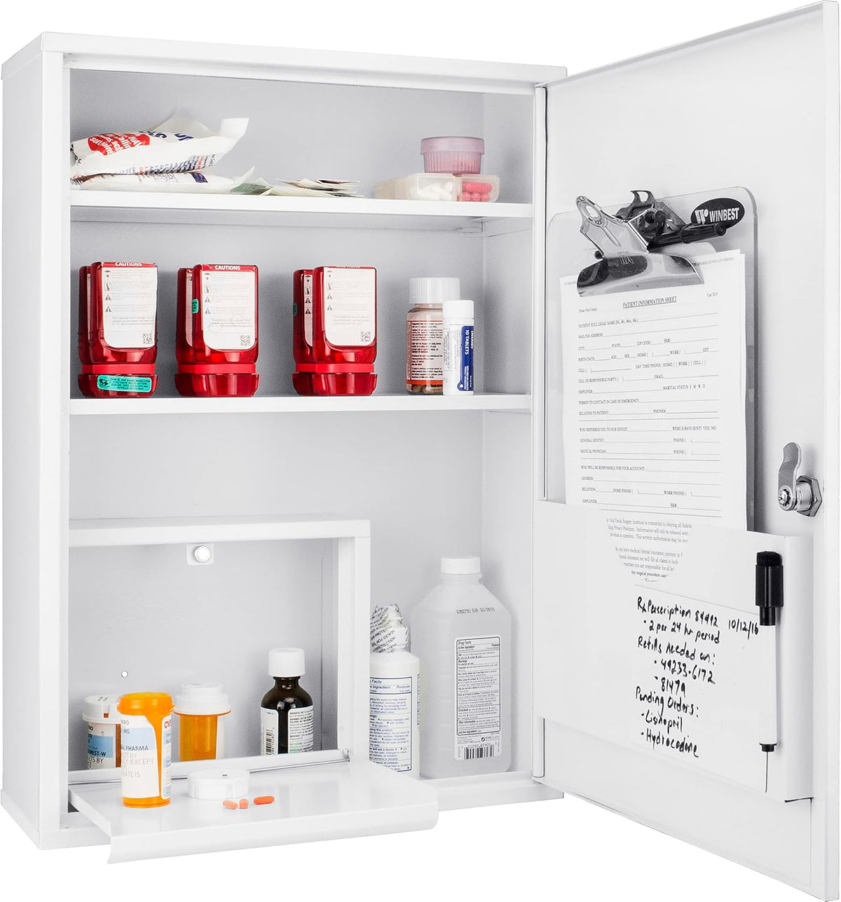 Barska Large Medical Cabinet â Locking Steel Medicine Storage Box with Shelves, Drop-Down Tray, Magnetic Dry Erase Pad, and Wall Mounting Holes - medicine cabinet organizer - Lock Box First Aid