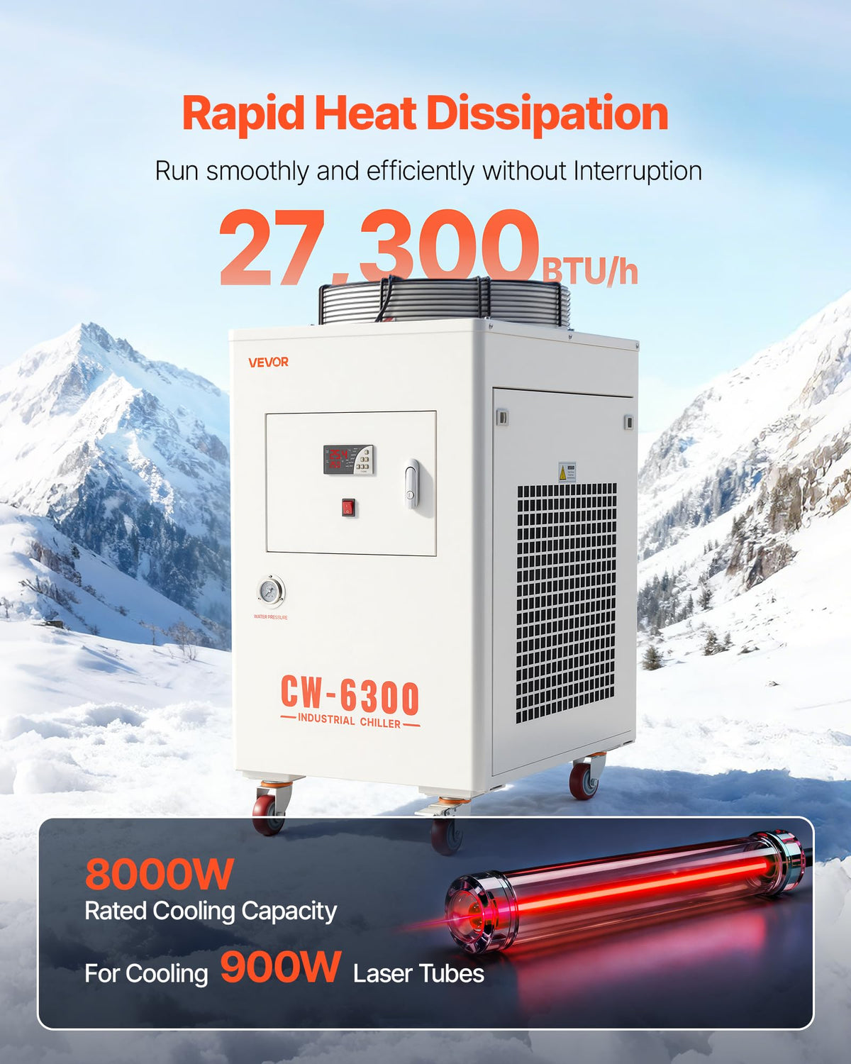 VEVOR Industrial Water Chiller, 5460 BTU/h, Industrial Water Cooler Cooling System with Compressor, 1.8â¯ Gal Tank Capacity, 3.4â¯GPM Max Flow, Laser Chiller, for CO2 Laser Engraving & Cutting Machine