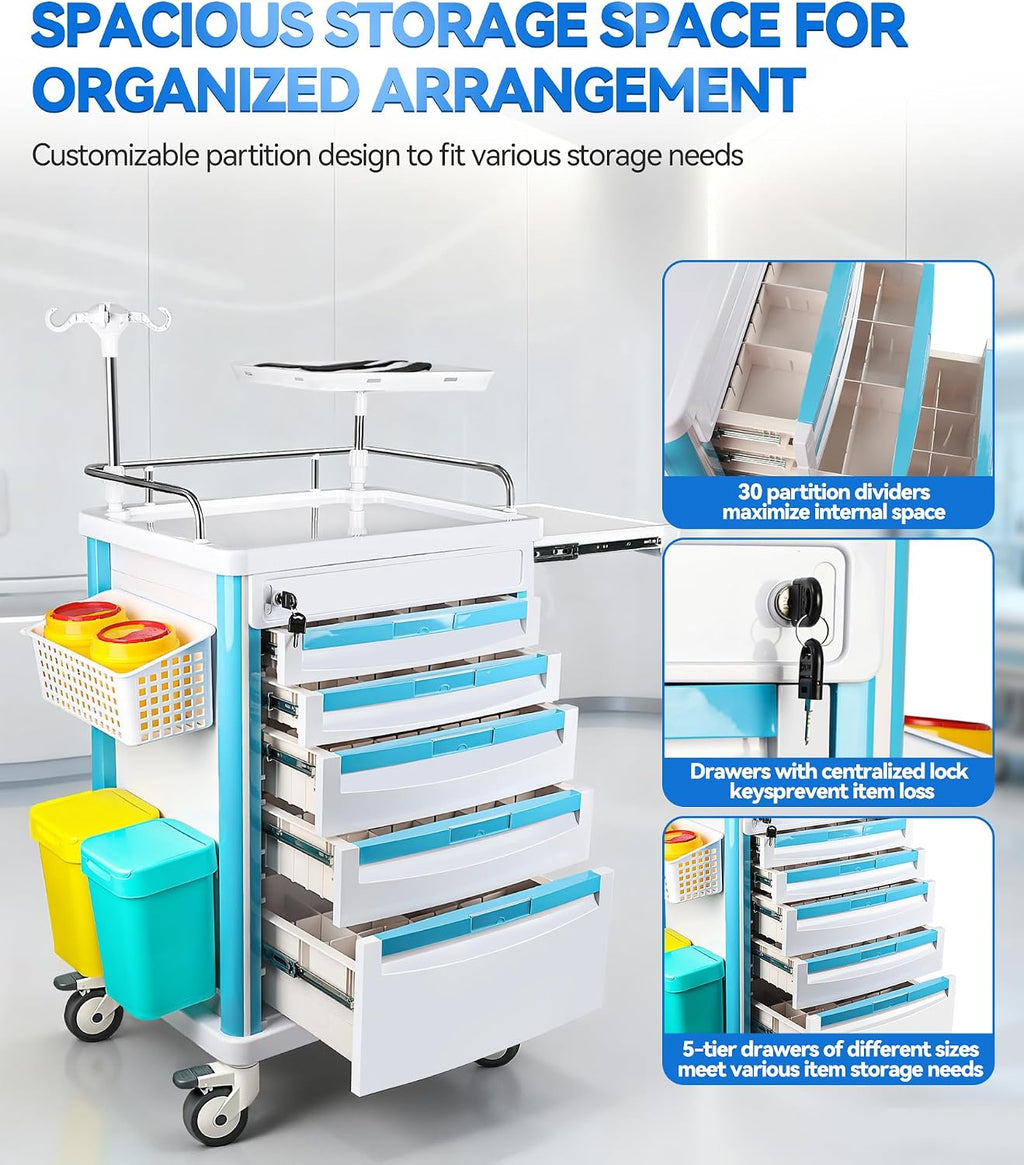 Medical Medical Rolling Crash Cart with CPR Board, IV Pole, Oâ Holder, 5 Drawers & Dividers, Mobile Emergency Cart for Hospital Clinic, 24.4" W x 18.5" D x 36.2" H (with 5 Drawers)