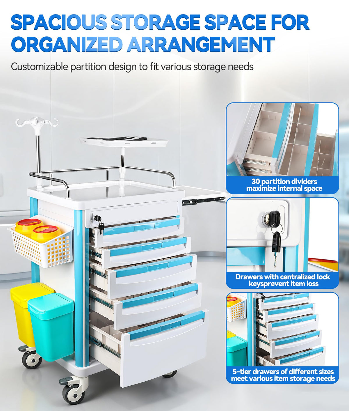 Medication Cart, Medical Rolling Storage Crash Cart with Wheels & Drawers, Ultrasound Nursing Emergency Cart with IV Pole,Casters, Holder, Trash Bin for Clinic, Hospital (24 * 22 * 28IN, 1 Drawer)