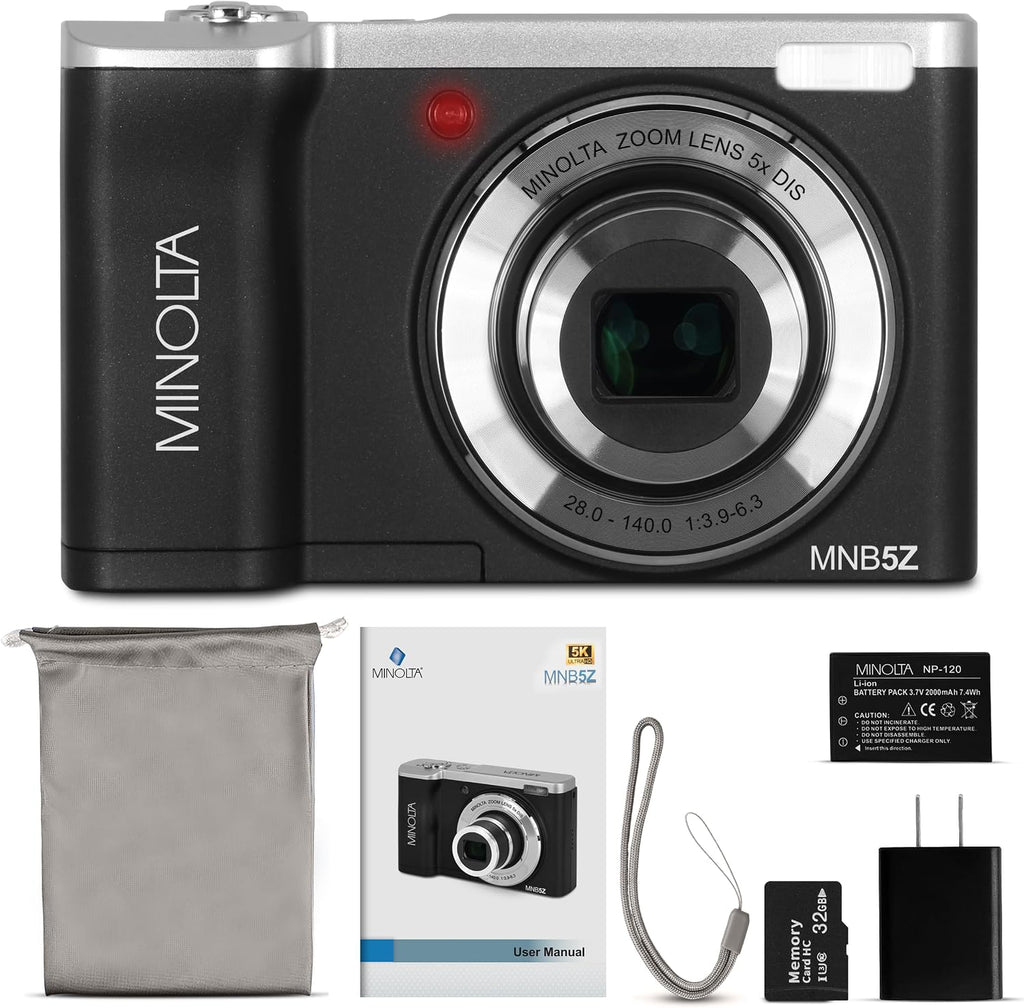 Minolta MNB5Z 56MP 5K Ultra HD 2.8" LCD Screen Digital Camera, Black