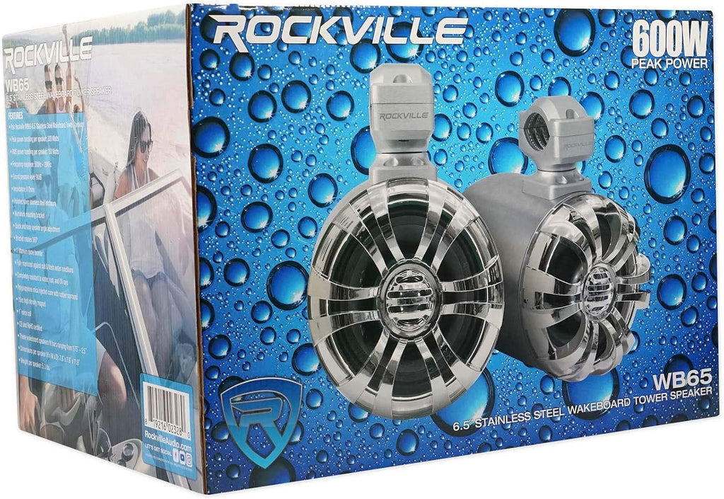Rockville WB65 Pair Silver 6.5" Metal Marine Wakeboard Tower Speakers