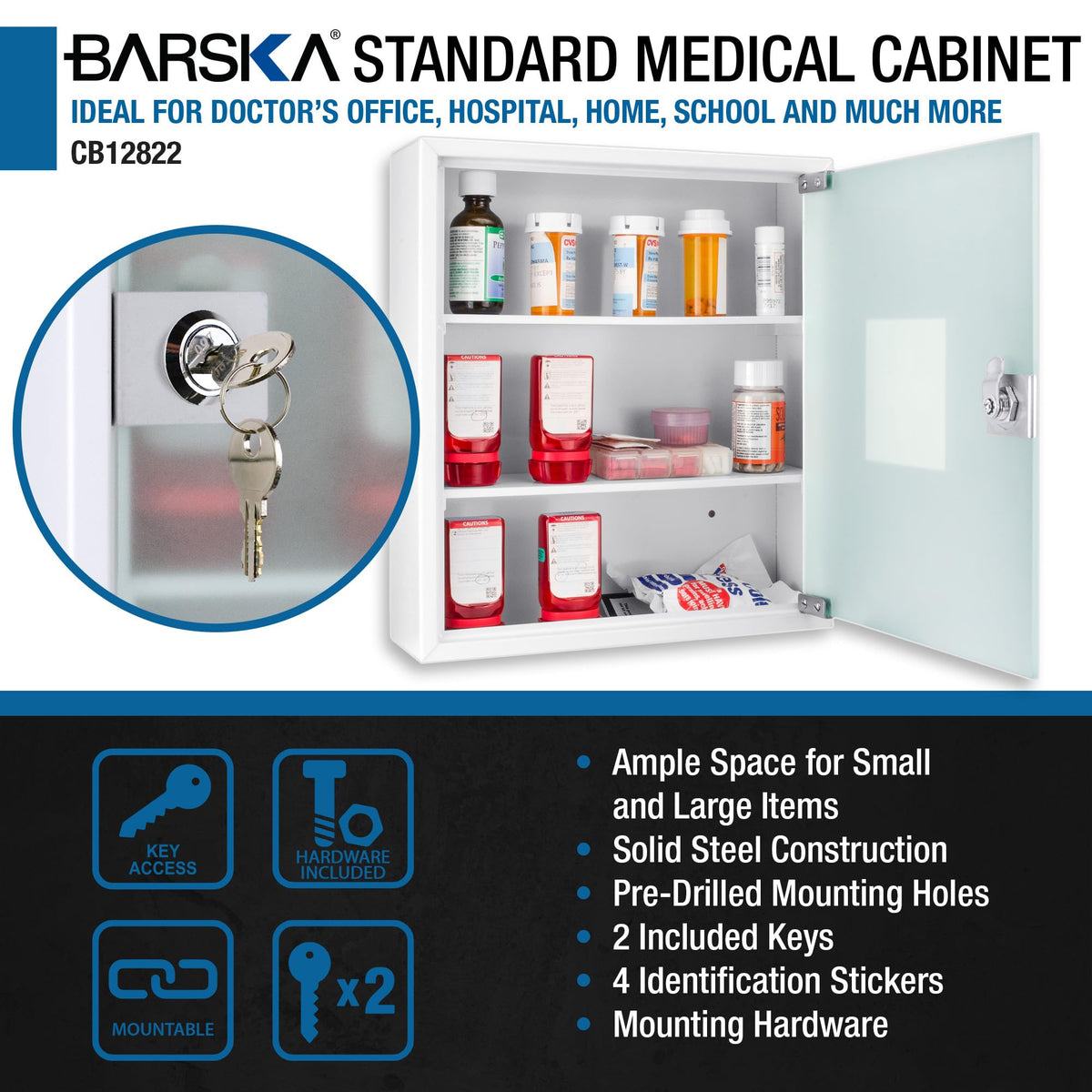 Barska Large Medical Cabinet â Locking Steel Medicine Storage Box with Shelves, Drop-Down Tray, Magnetic Dry Erase Pad, and Wall Mounting Holes - medicine cabinet organizer - Lock Box First Aid