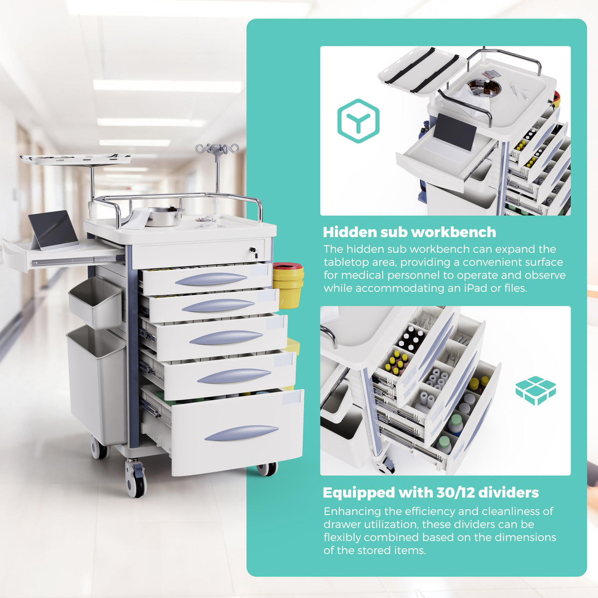Medical Rolling Crash Cart with Integrated Medical Countertop