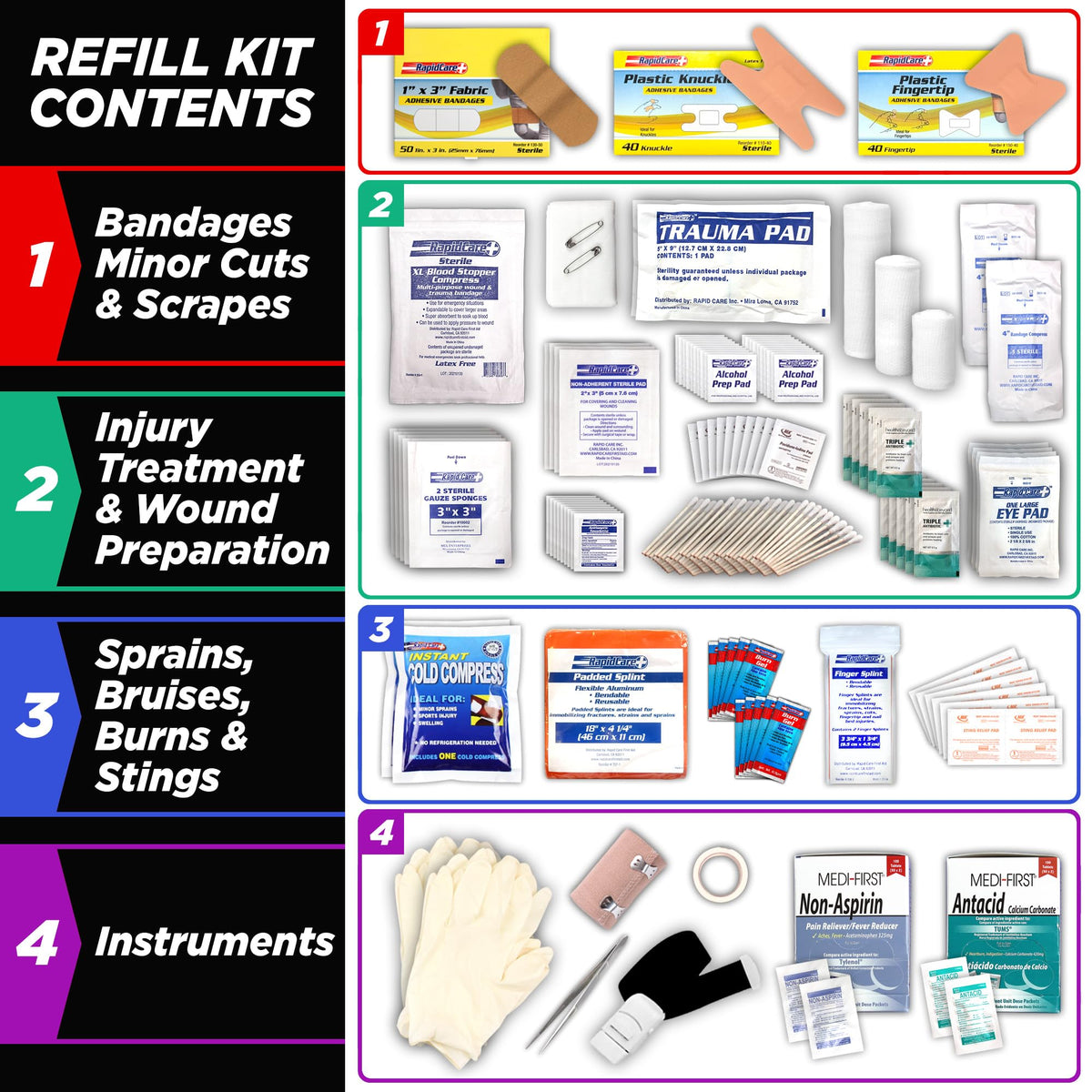 Rapid Care 4-Shelf First Aid Refill Kit - 1033 Piece OSHA & ANSI Compliant First Aid Cabinet Refill, Serves 150+ People, Color-Coded Workplace, Office & School First Aid Supplies