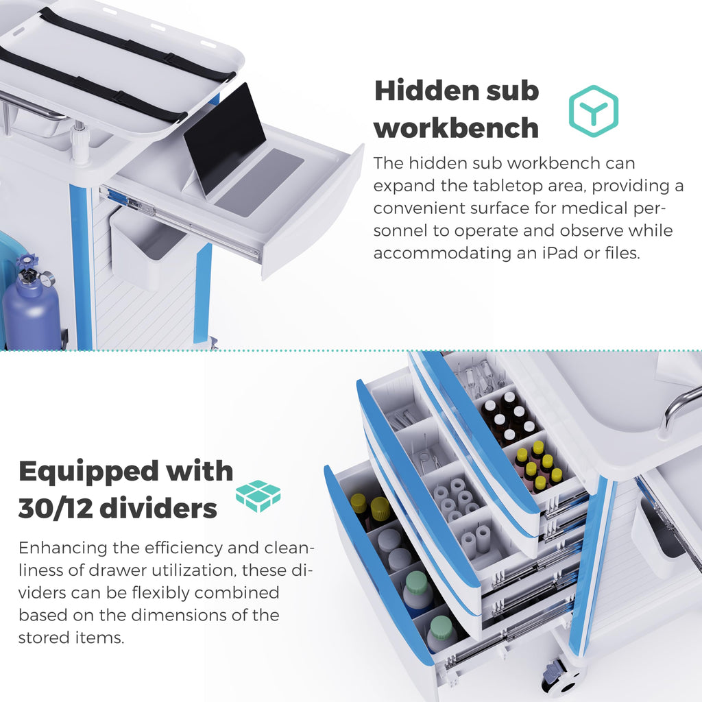 Medical Rolling Crash Cart with Integrated Medical Countertop
