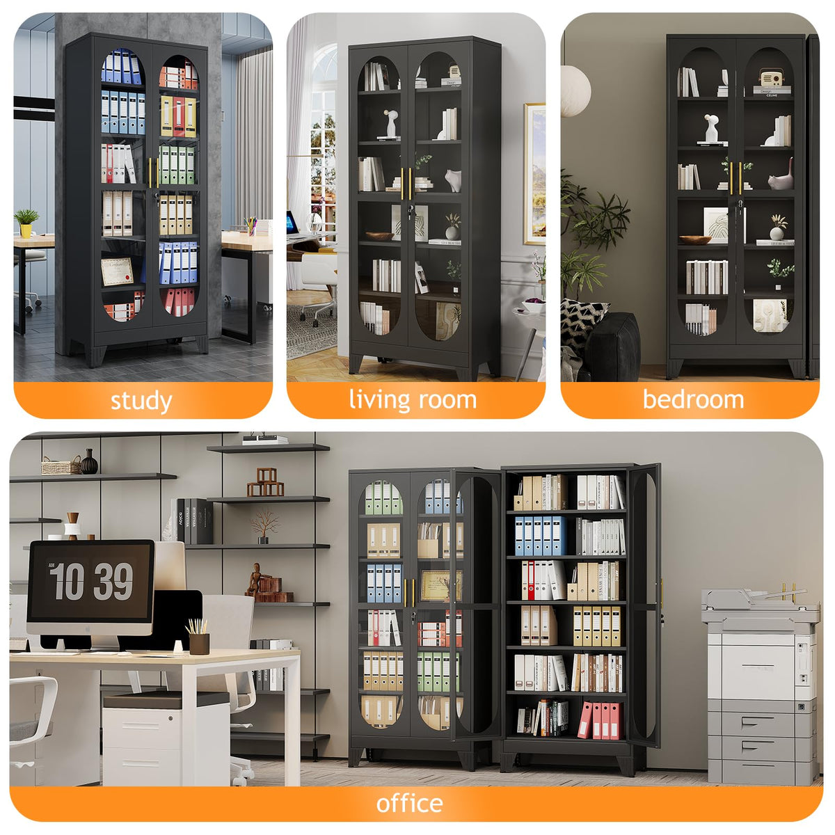 PAOFIN 47" H Locking Display Cabinet with Glass Door, Metal Cabinets with 3 Adjustable Shelves, Cabinet Display Case for Living Room, Collectibles, Clinic, Home - Assembly Required White