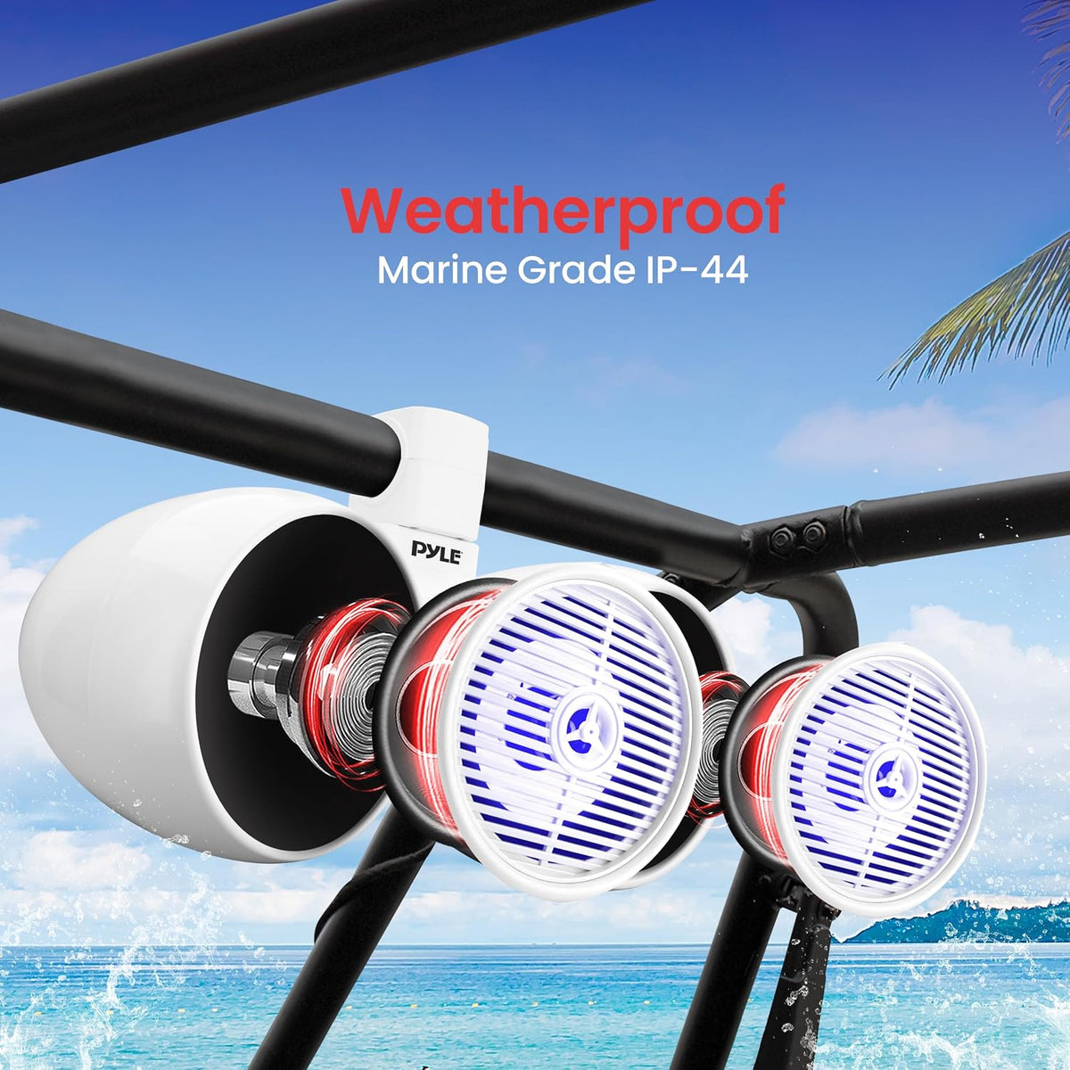 Pyle Dual Bluetooth Off-Road Speakers - 8â 300W 2-Way Marine Waterproof Wakeboard Tower Sound System w/LED Light, Full Range Outdoor Stereo Speaker for Car ATV Jeep Boat, Includes Brackets (White)