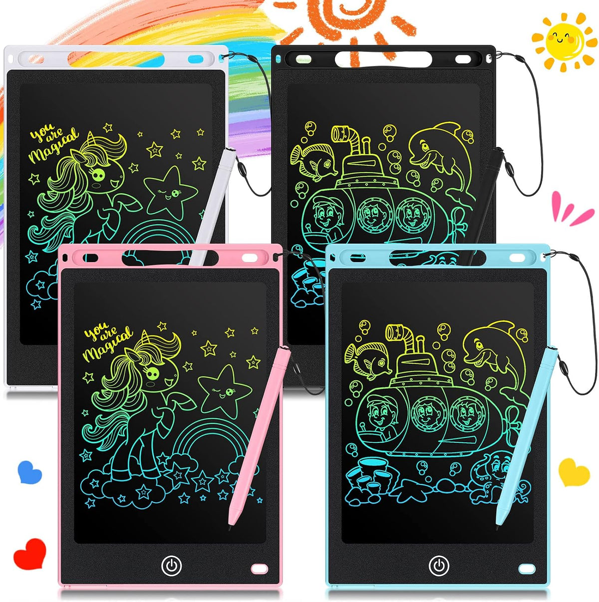 Zonon 4 Pcs Kids Drawing Tablet LCD Board, Light Blue, Pink, White, Black