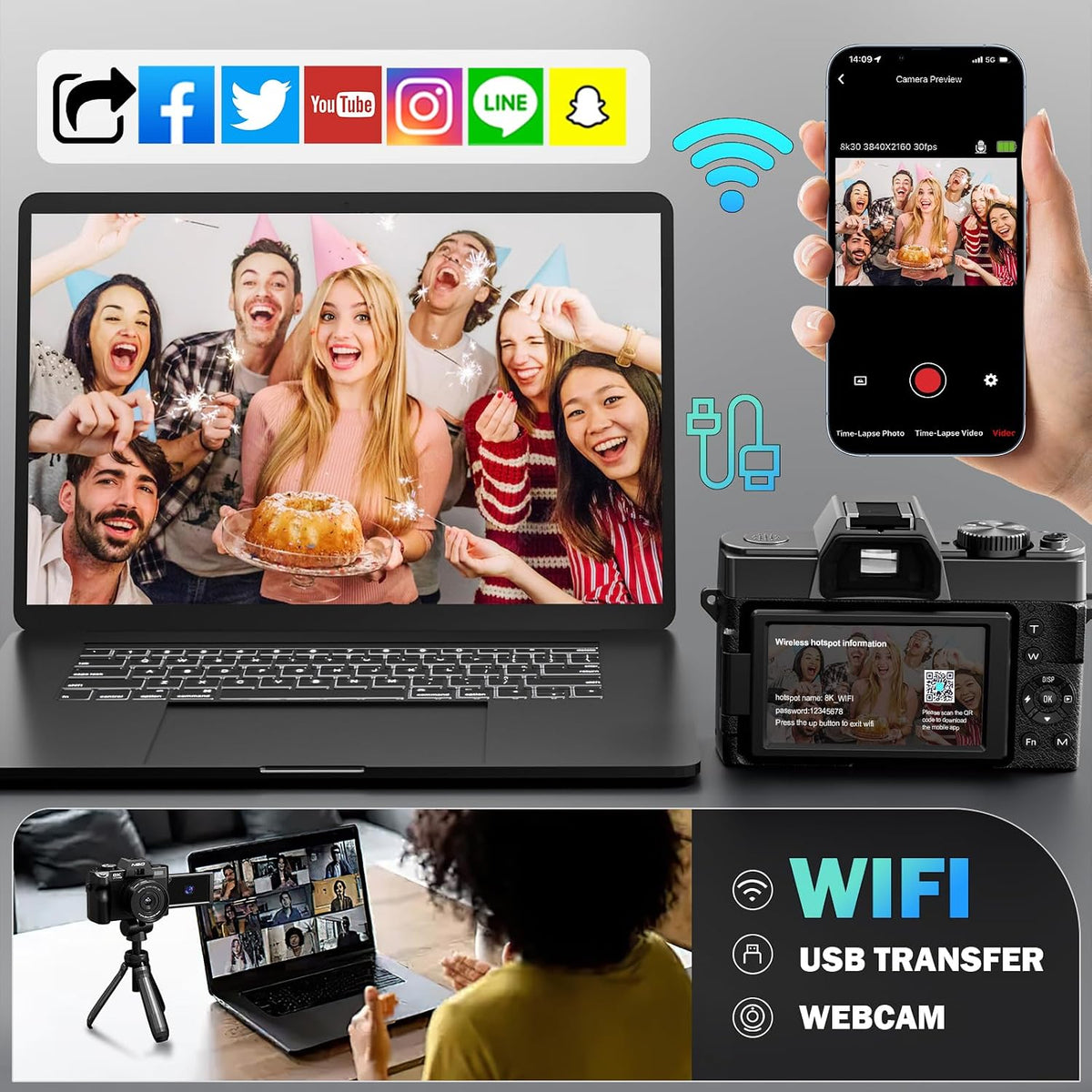 8K Digital Camera 64MP with WiFi & 180Â° Flip Screen, F1.8 Lens 16X Zoom Vlogging Camera for YouTube, Dual Battery 200Mins Recording, External Mic, 64GB TF Card for Beginners Travel (Black)