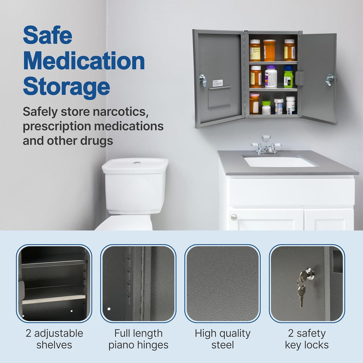 Graham-Field Locking Medicine Cabinet - Safe Narcotic, Drug & Medical Storage - Steel Double Doors & Locks