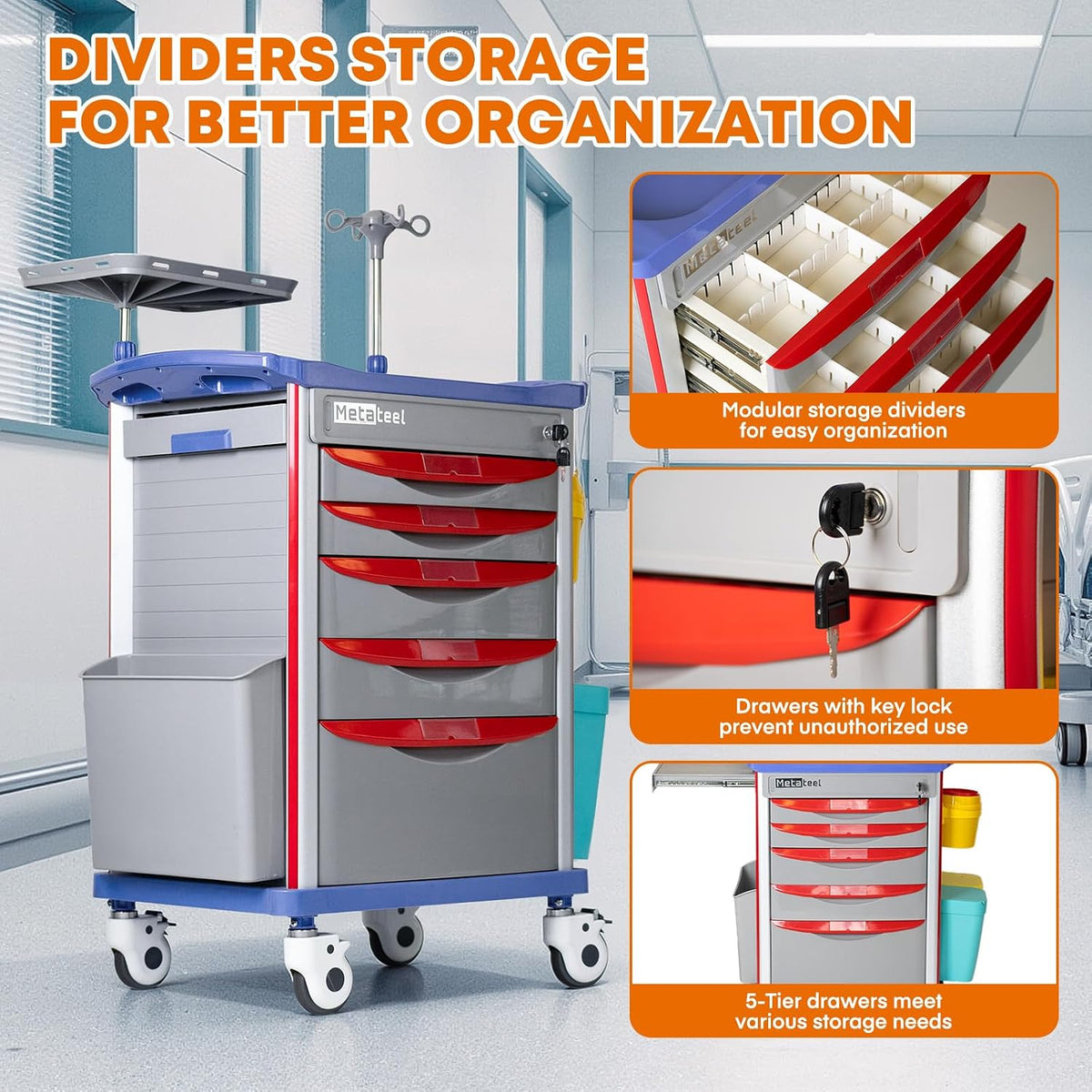 5-Tier Medical Cart with Wheels, Hospital Emergency Rolling Crash Carts with Adjustable IV Pole, Cardiac Board, O2 Holder, Power Strip, Trash Bin - Ideal Nursing Cart for Clinics, Hospitals