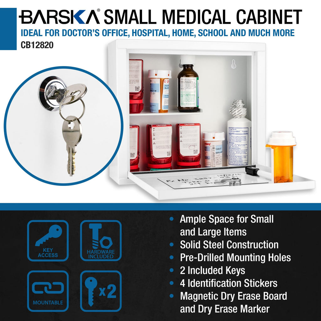 Barska Large Medical Cabinet â Locking Steel Medicine Storage Box with Shelves, Drop-Down Tray, Magnetic Dry Erase Pad, and Wall Mounting Holes - medicine cabinet organizer - Lock Box First Aid