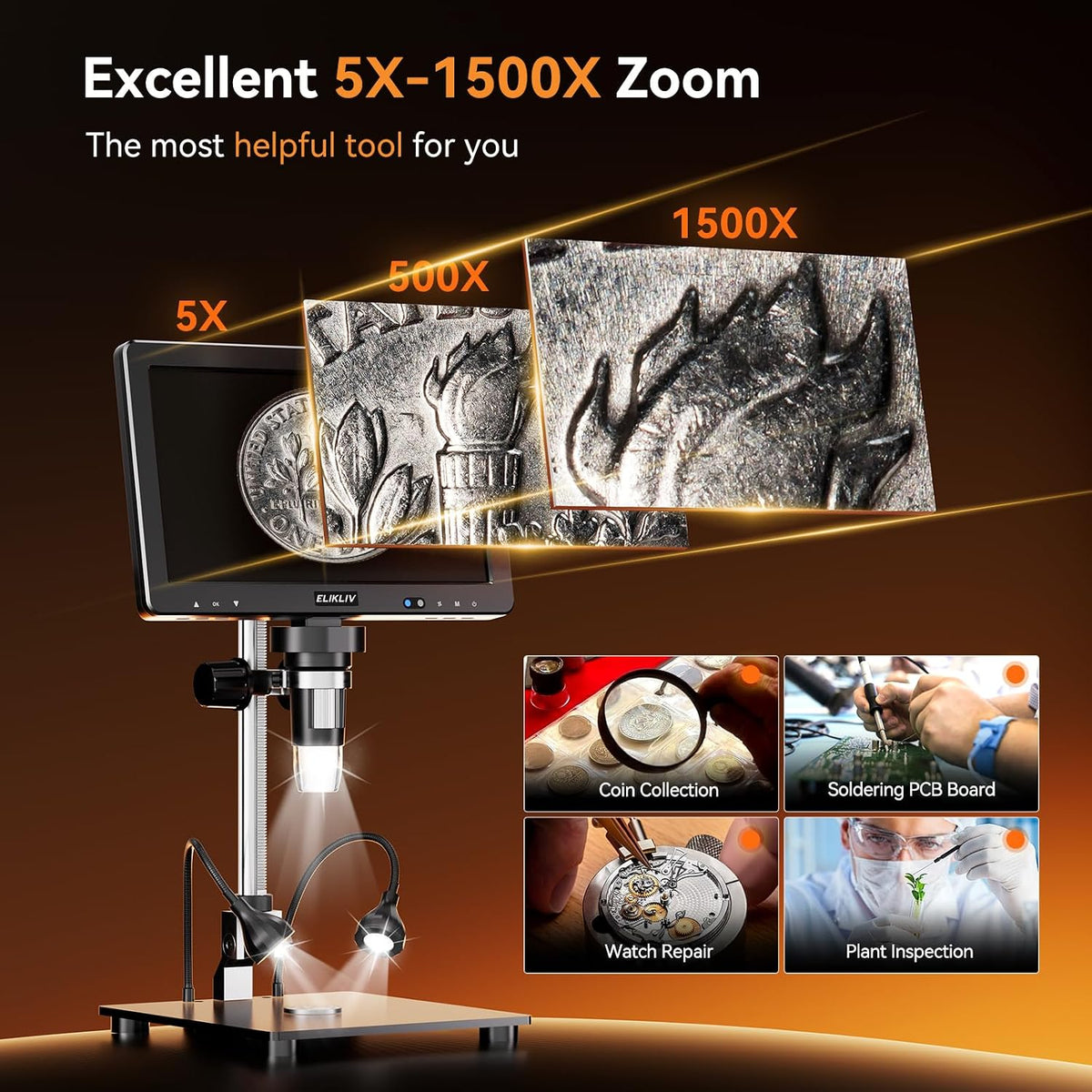 Elikliv EDM9 Max Digital Coin Microscope, Soldering Magnifier with Light