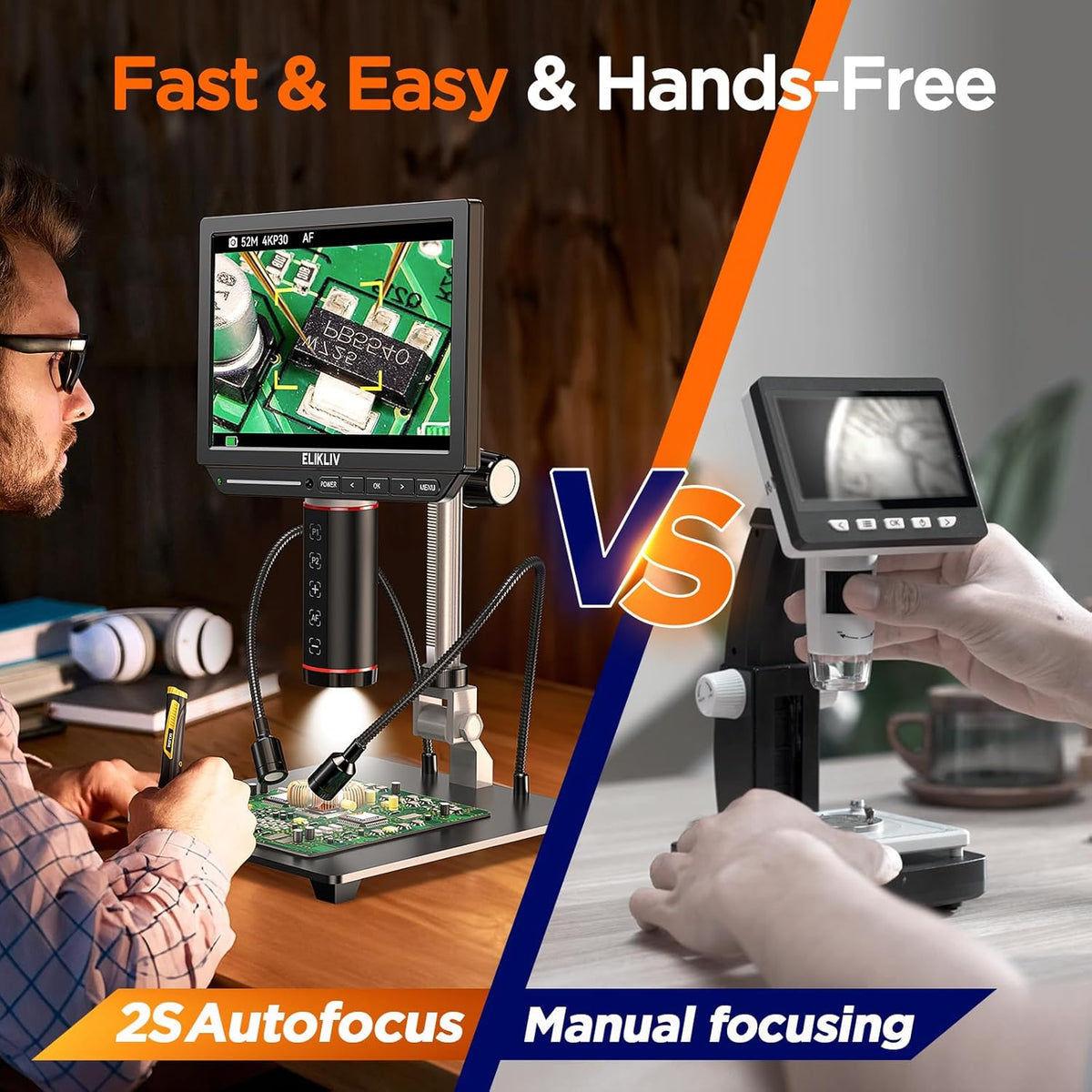 Elikliv Autofocus 4K Digital Microscope EM4K-AF, 8" Soldering Microscopes