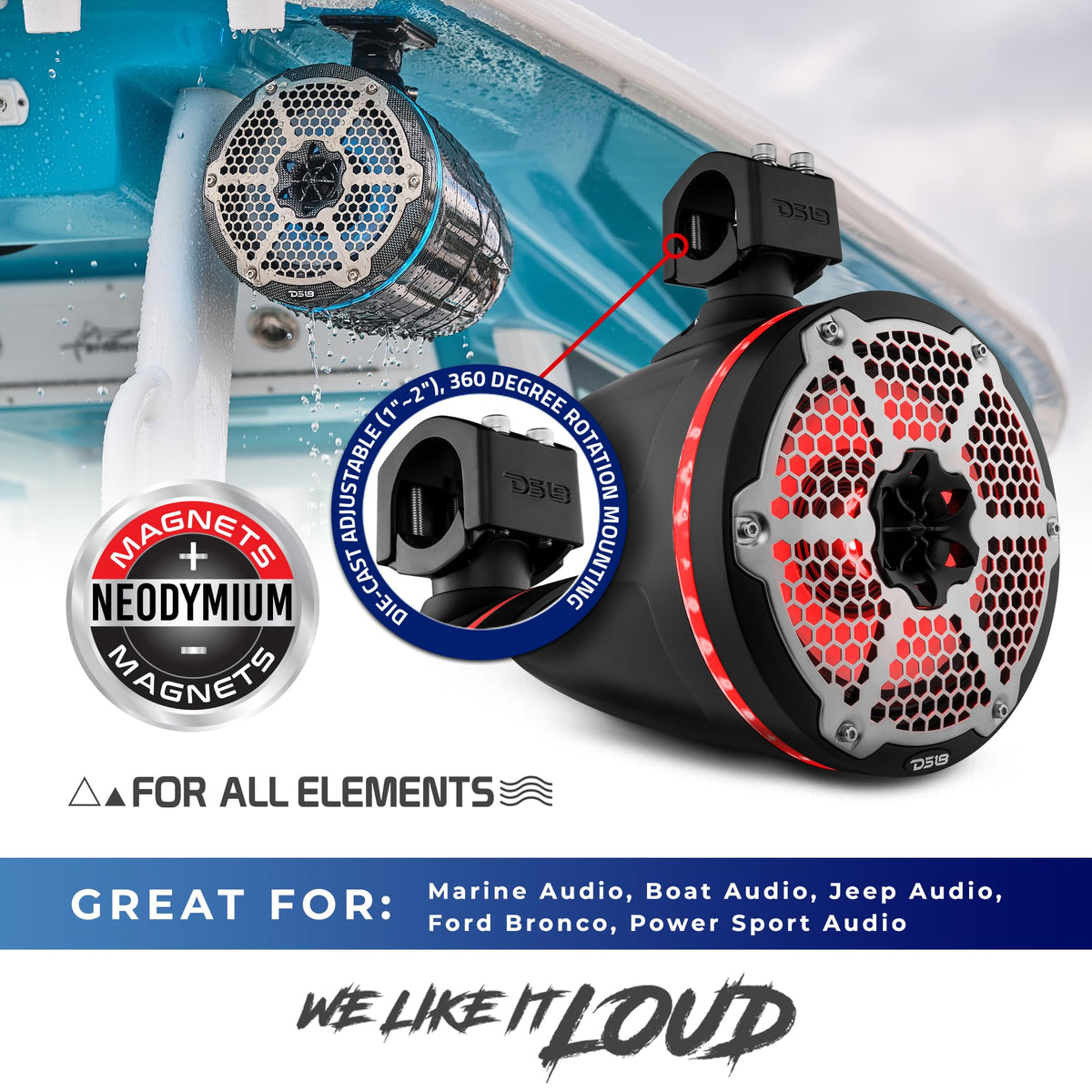 DS18 CF-X10TPNEO 10" Neodymium Marine Wakeboard Tower Speakers with Bullet Tweeter, Passive Radiator and RGB LED Lights - High Performance, Marine Grade IP65 Rated, 900W Max 300W RMS 4 Ohms (Pair)