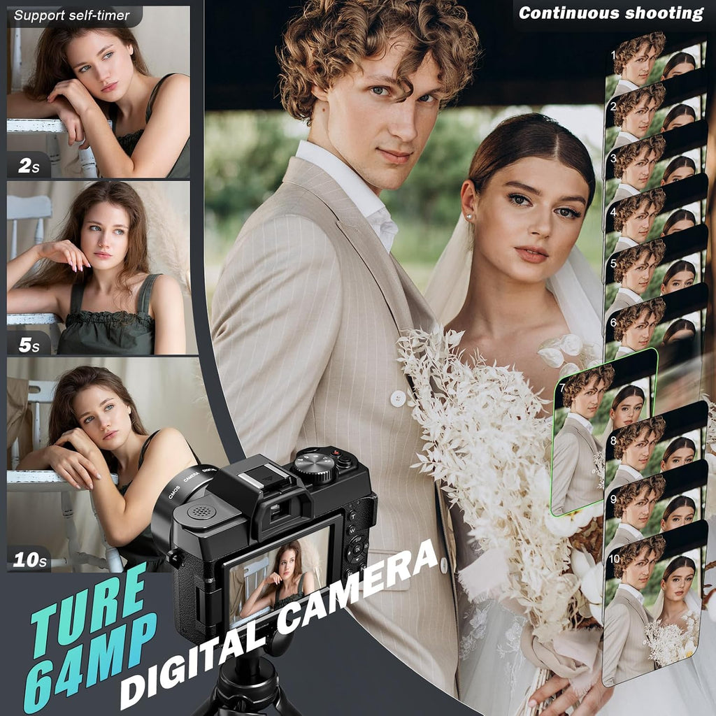 8K Digital Camera 64MP with WiFi & 180Â° Flip Screen, F1.8 Lens 16X Zoom Vlogging Camera for YouTube, Dual Battery 200Mins Recording, External Mic, 64GB TF Card for Beginners Travel (Black)