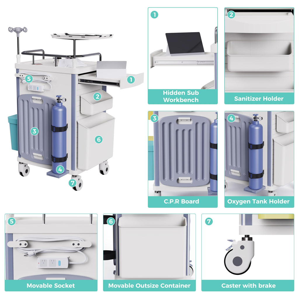 Medical Rolling Crash Cart with Integrated Medical Countertop