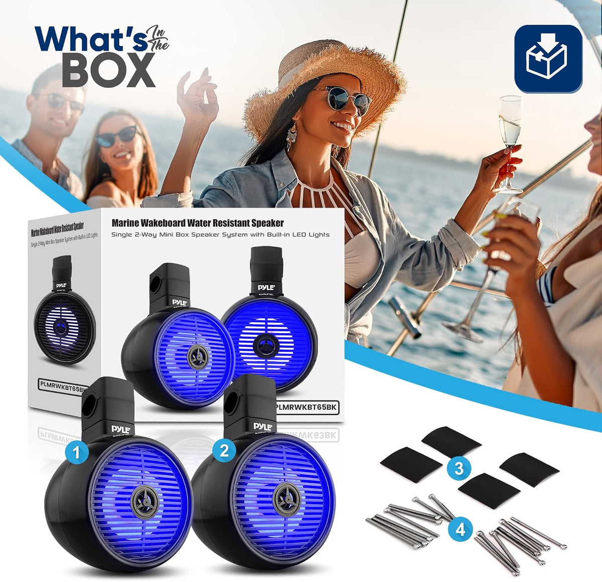 Pyle 6.5" Marine Wakeboard Bluetooth Speaker, Water Resistant 2-Way Mini Box Speaker System with LED Lights, Full Range Sound, ABS Construction for Boat or Off-Road Use, 9.45âx8.39âx12.48â Inch
